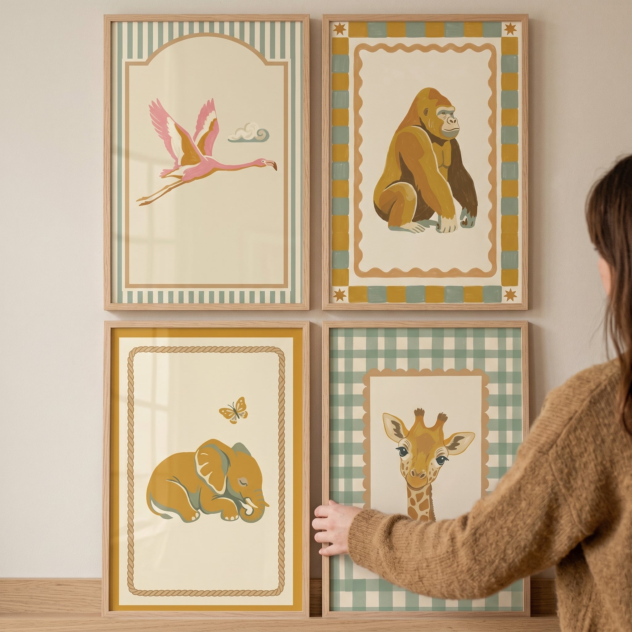 Vintage Mustard Safari Animal Wall Art Set of 4 - Vintage Safari Friends