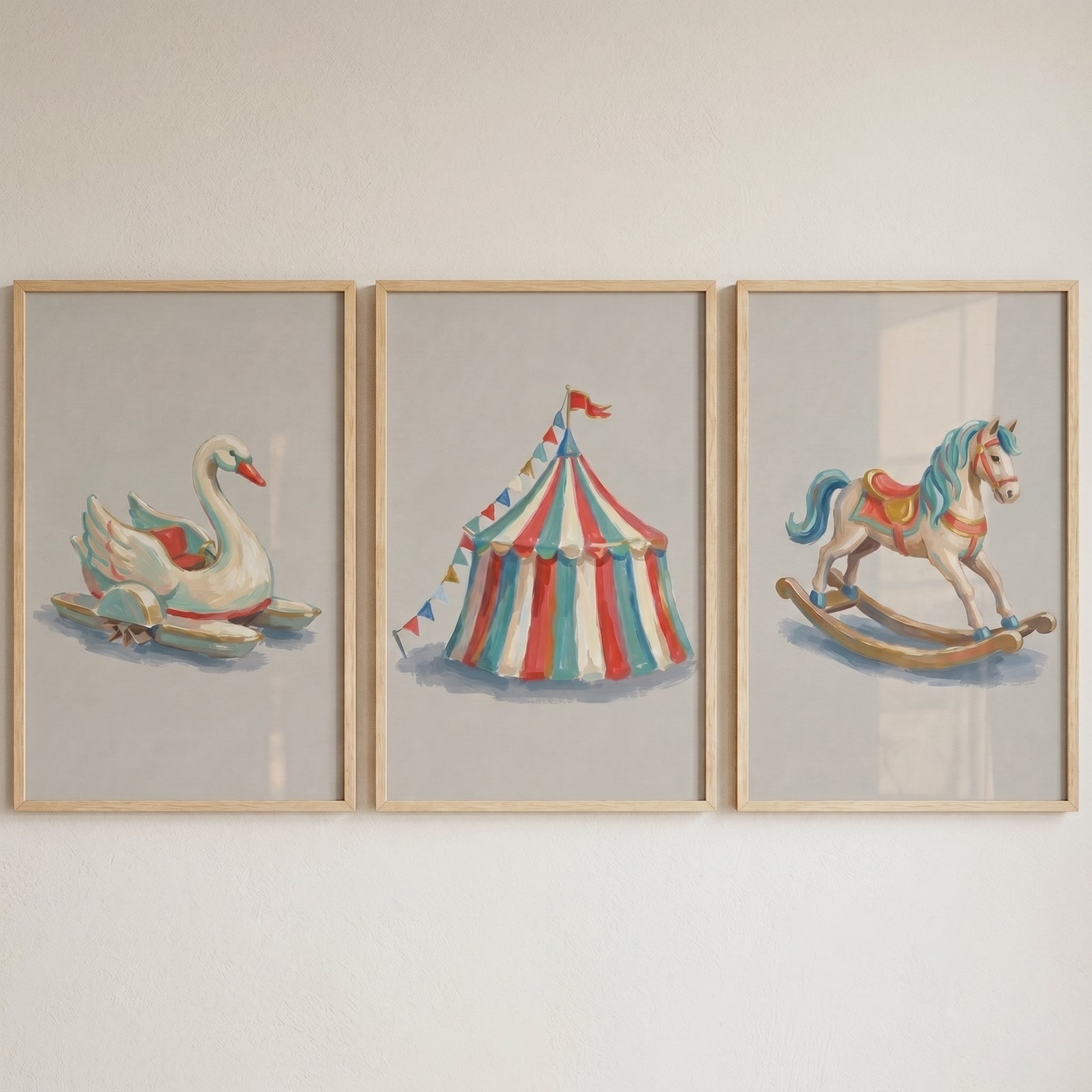A swan boat, circus tent, and rocking horse form a vintage muted carnival toy wall art set of 3.