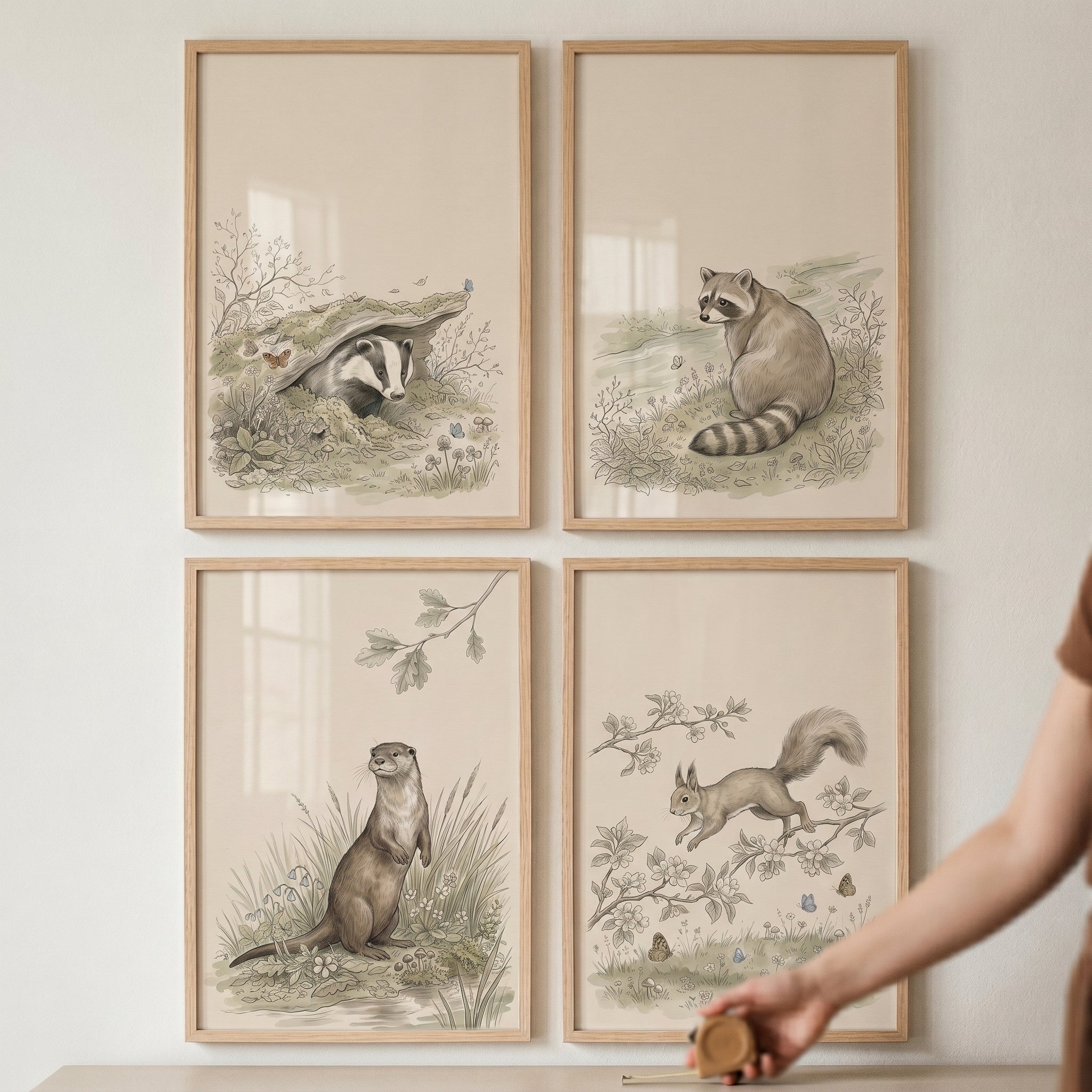 Vintage Nature Woodland Animal Wall Art Set of 4 - Woodland Wildlife Sketches