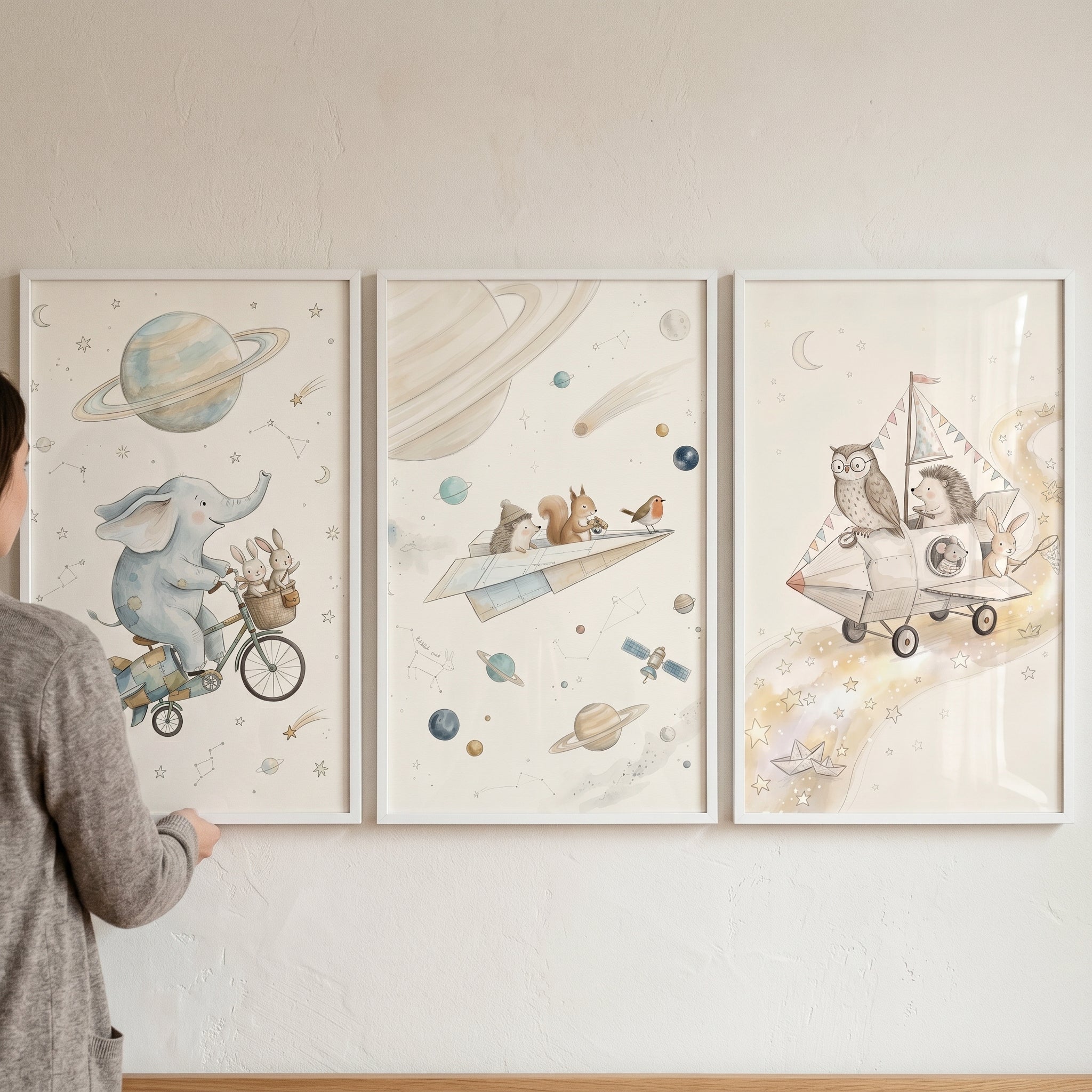 Vintage Neutral Celestial Animals Wall Art Set of 3 - Whimsical Space Explorers