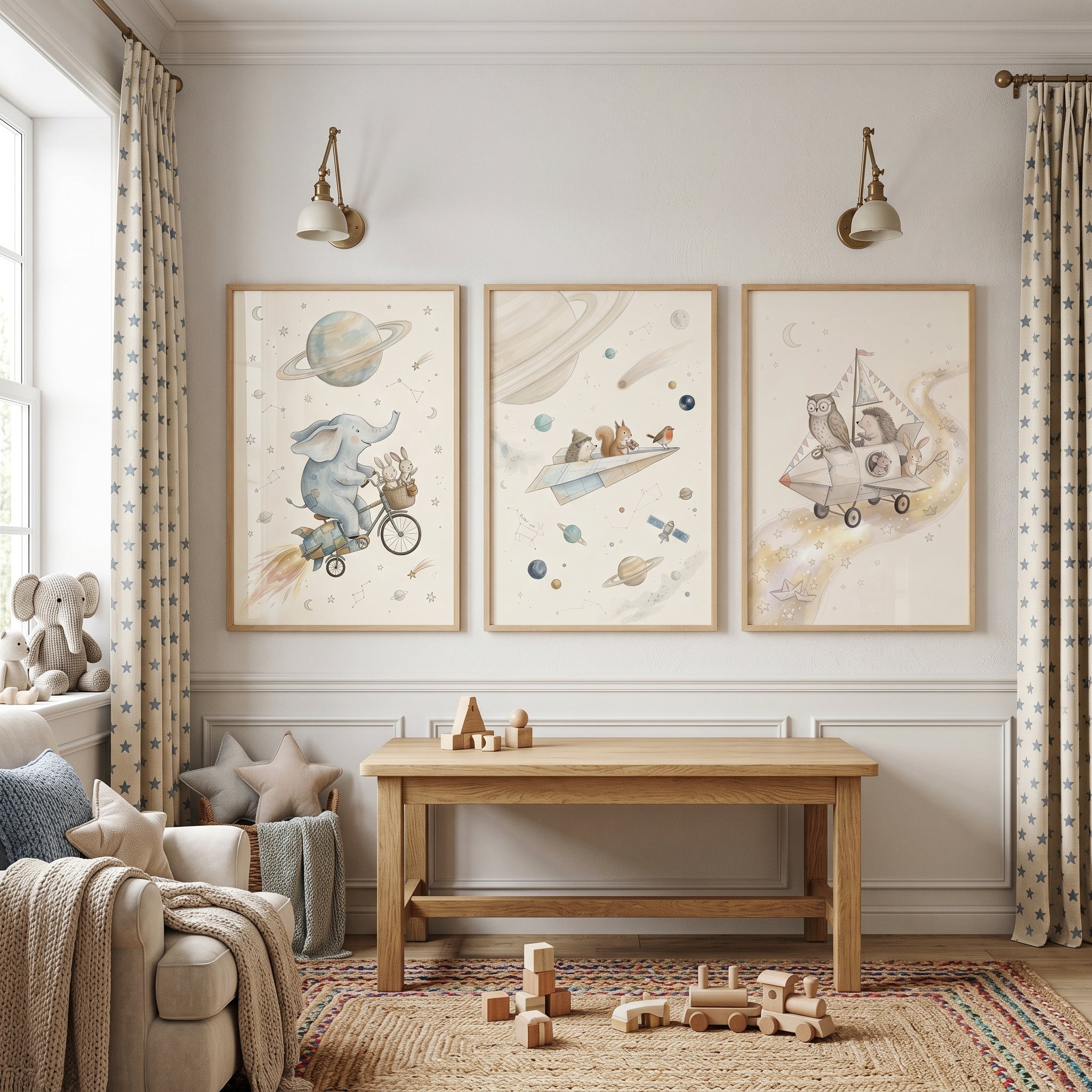 Vintage Neutral Celestial Animals Wall Art Set of 3 - Whimsical Space Explorers