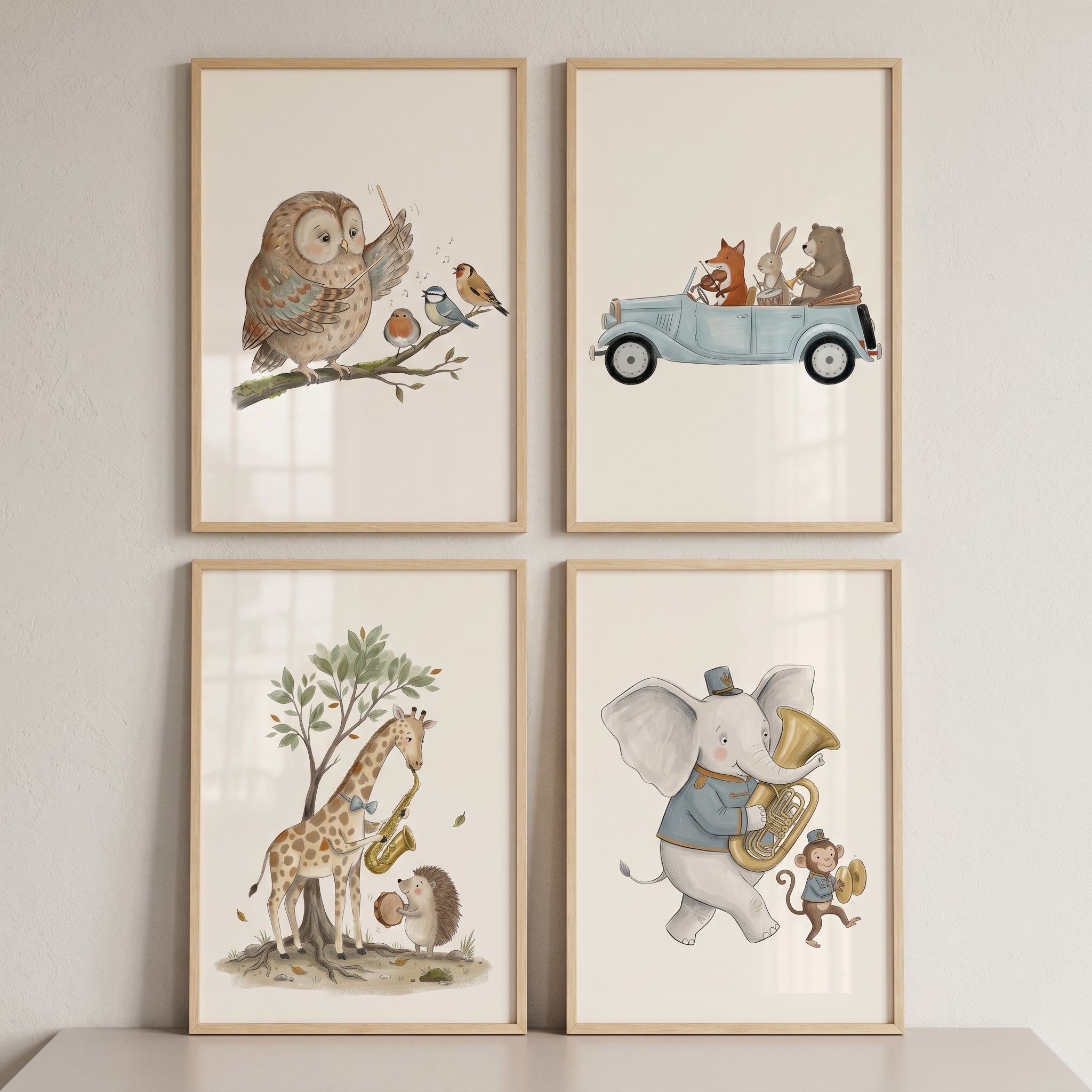 Vintage Neutral Musical Animals Wall Art Set Of 4 - Woodland Symphony Art