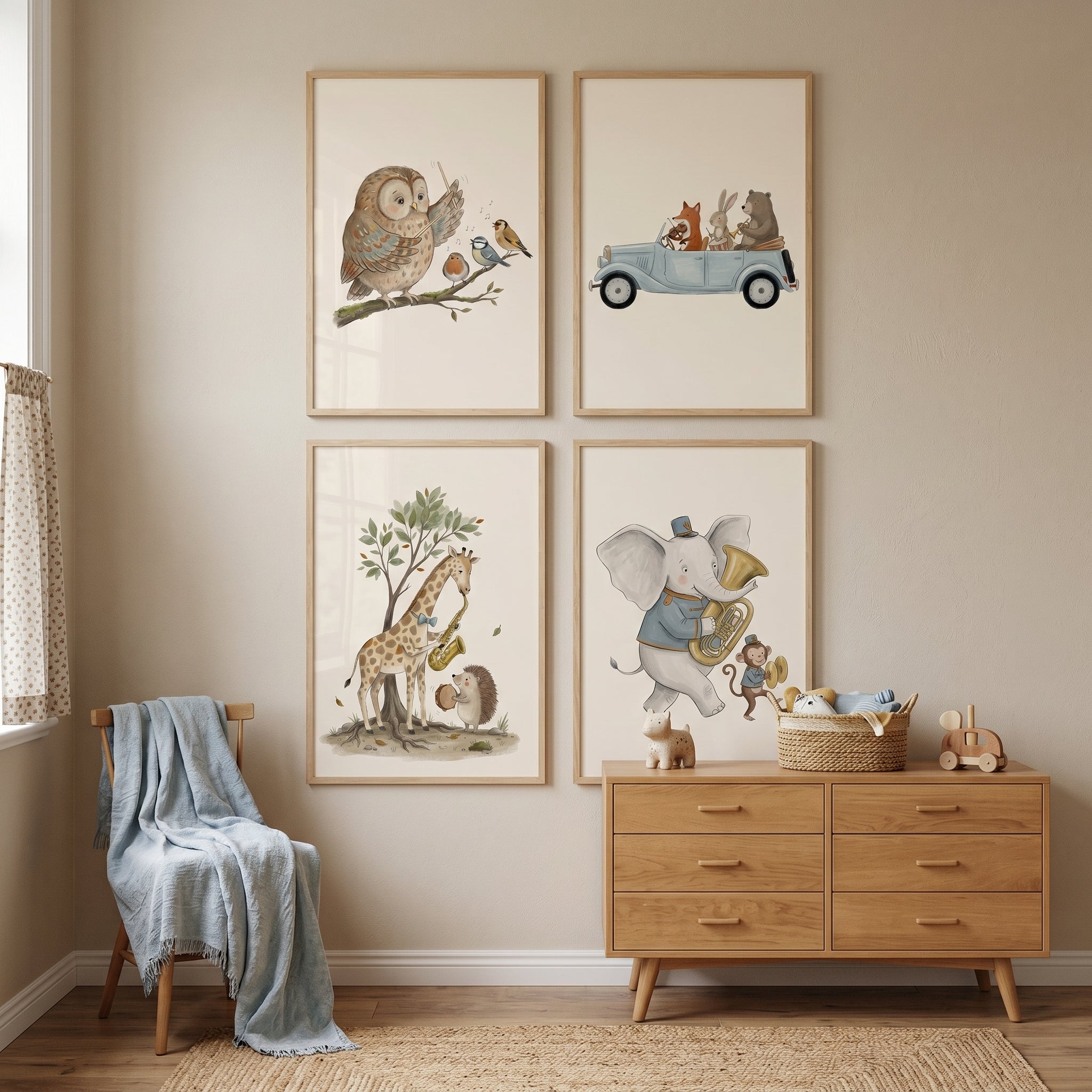 Vintage Neutral Musical Animals Wall Art Set Of 4 - Woodland Symphony Art