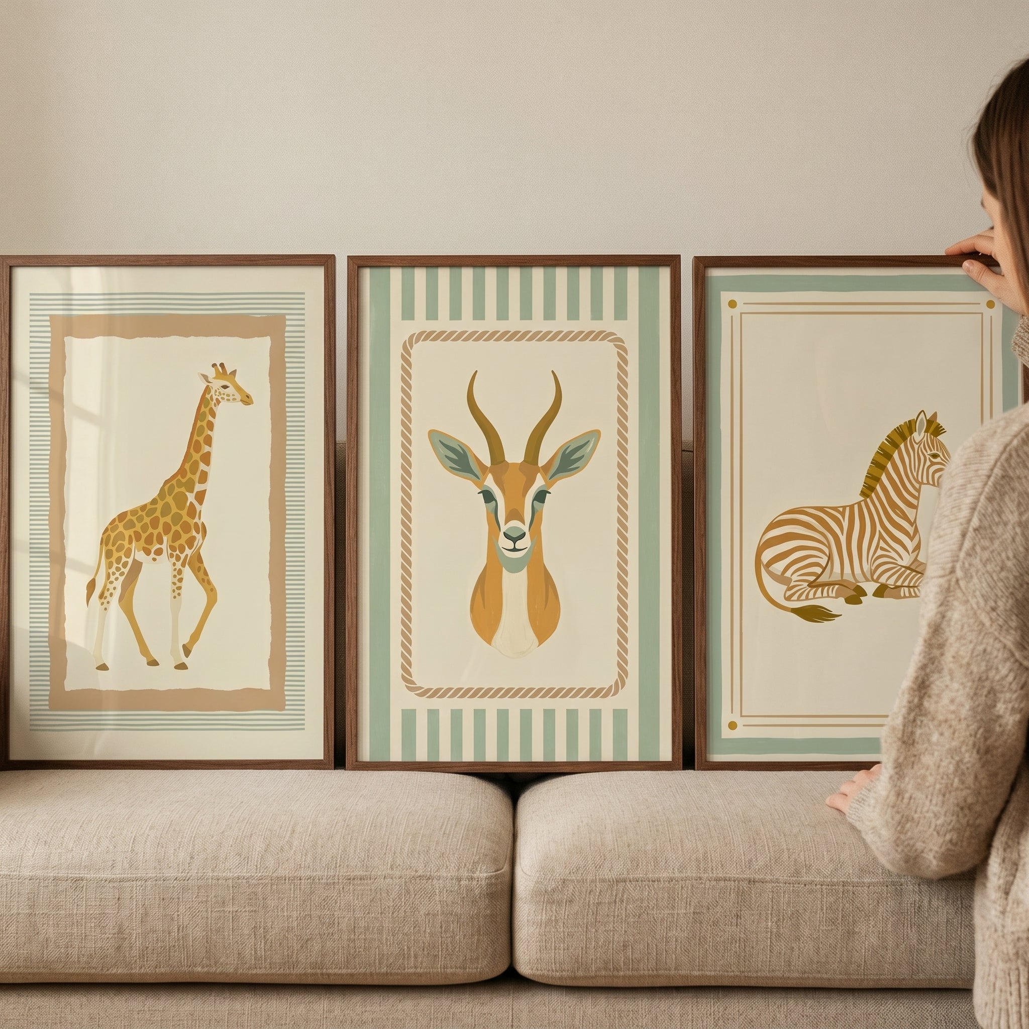 Vintage Neutral Safari Animal Wall Art Set of 3 - Savanna Animal Trio