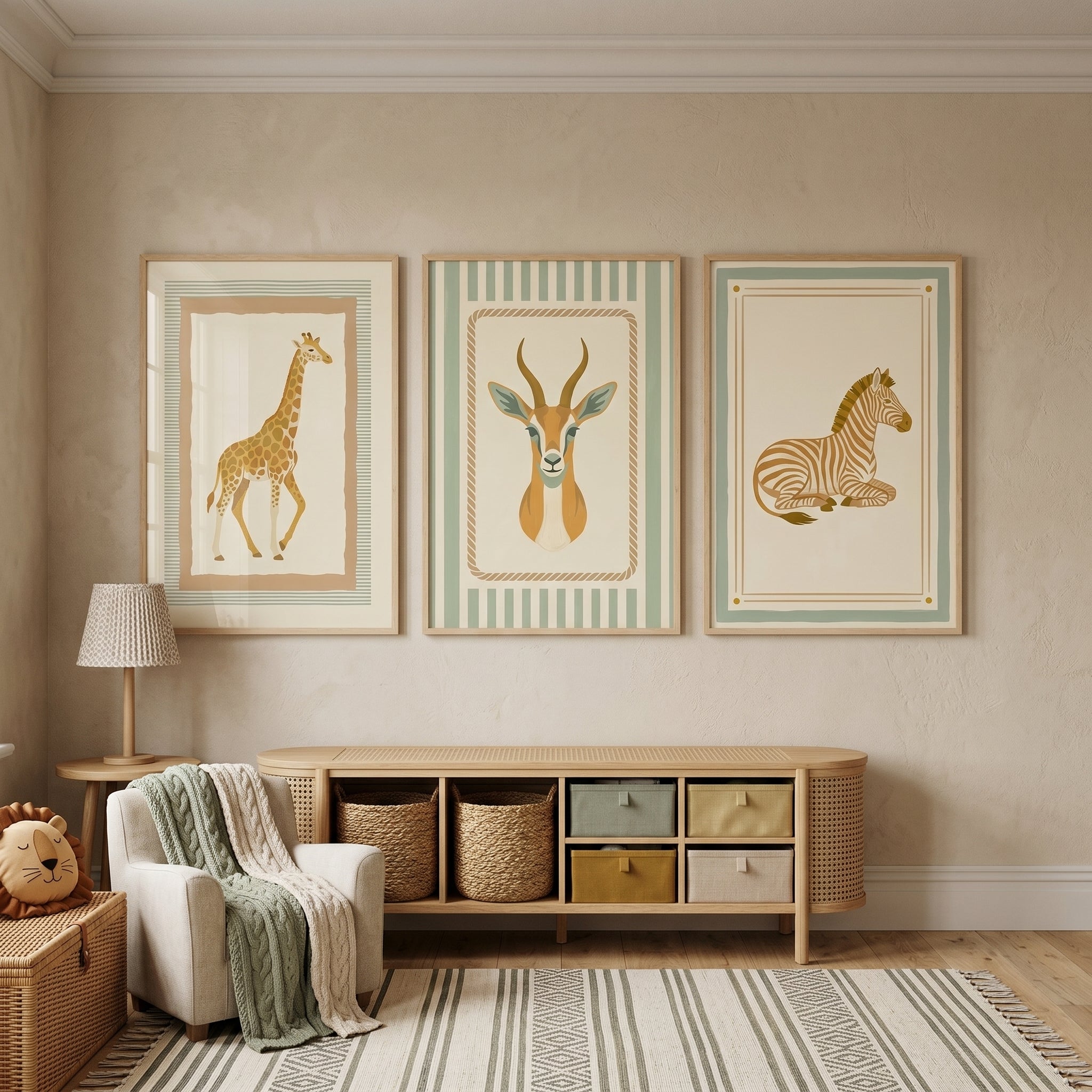Vintage Neutral Safari Animal Wall Art Set of 3 - Savanna Animal Trio