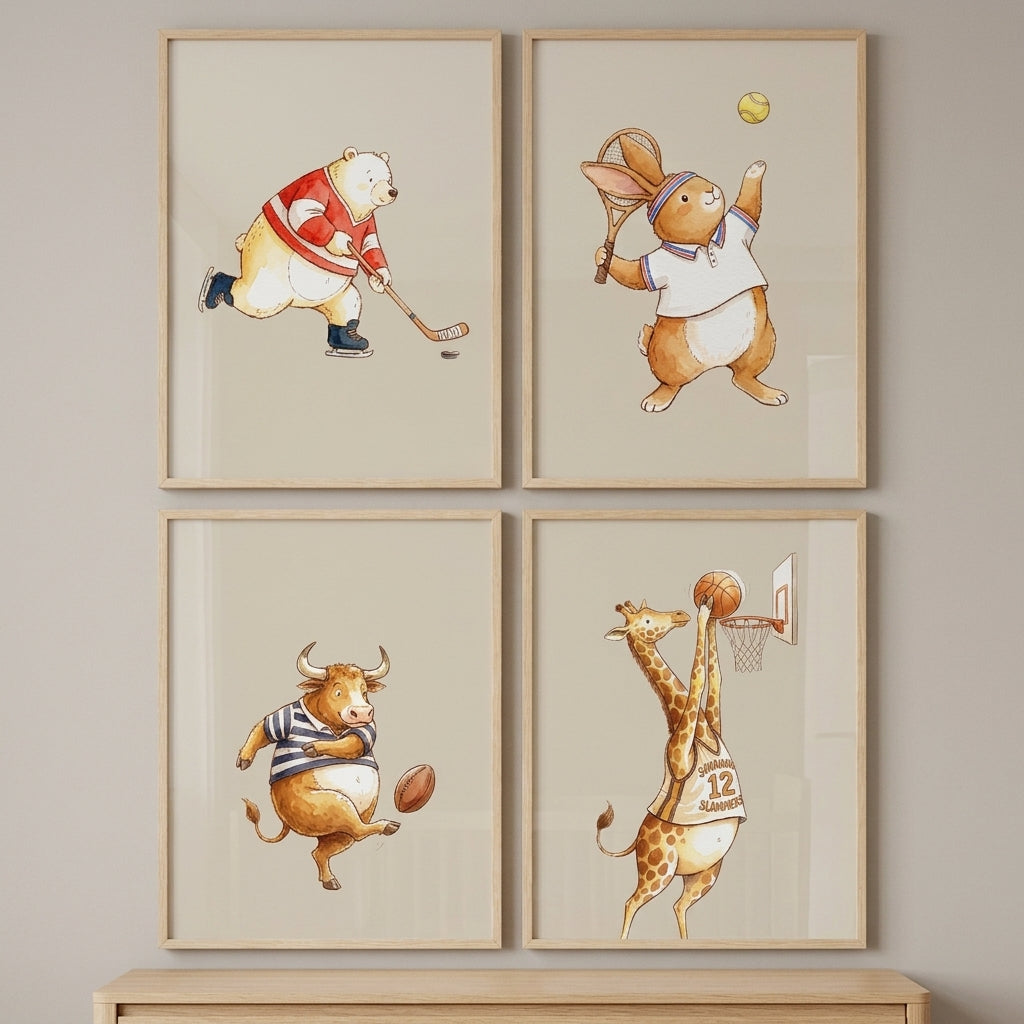 Vintage Neutral Sports Animals Wall Art Set of 4 - Whimsical Athletic Creatures
