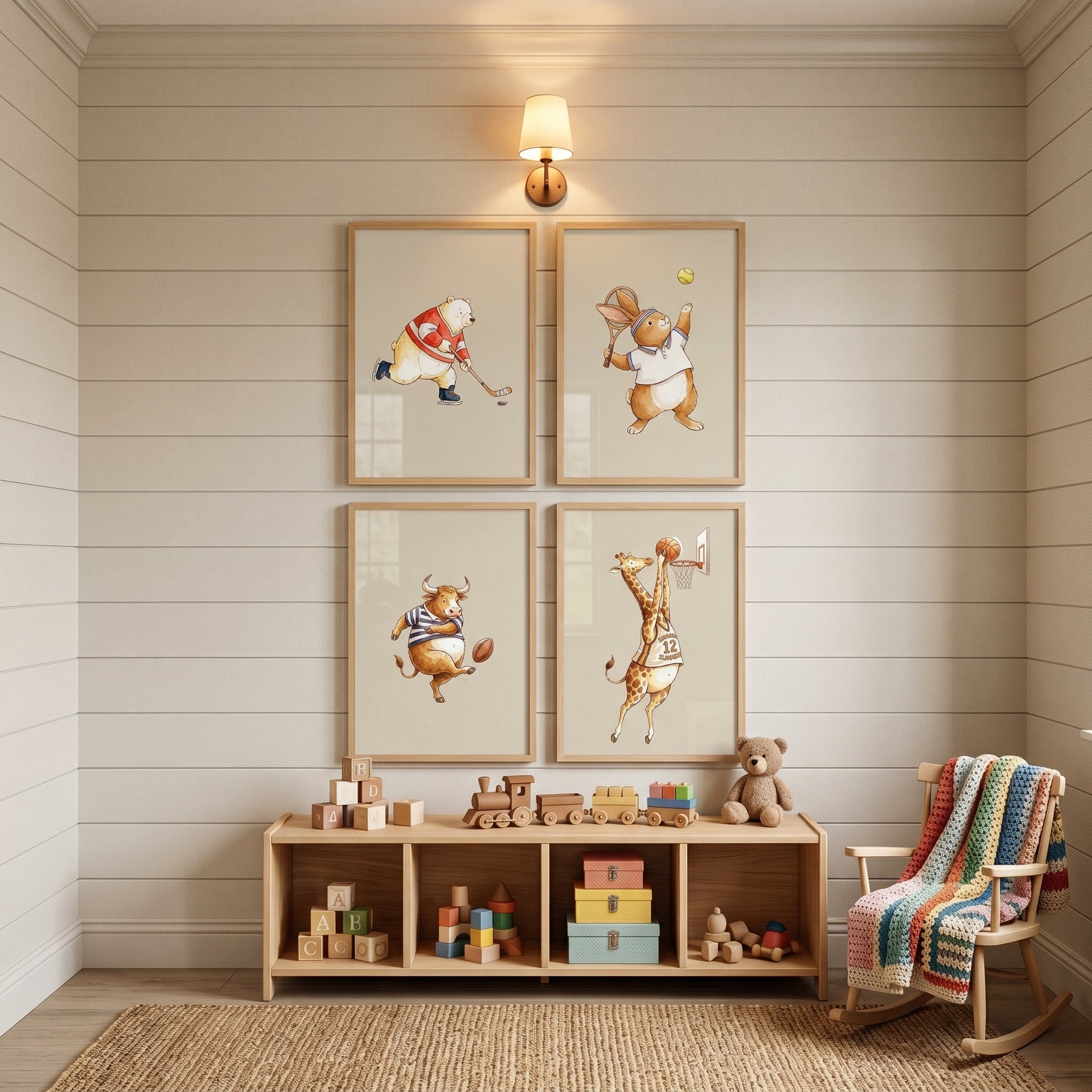 Vintage Neutral Sports Animals Wall Art Set of 4 - Whimsical Athletic Creatures
