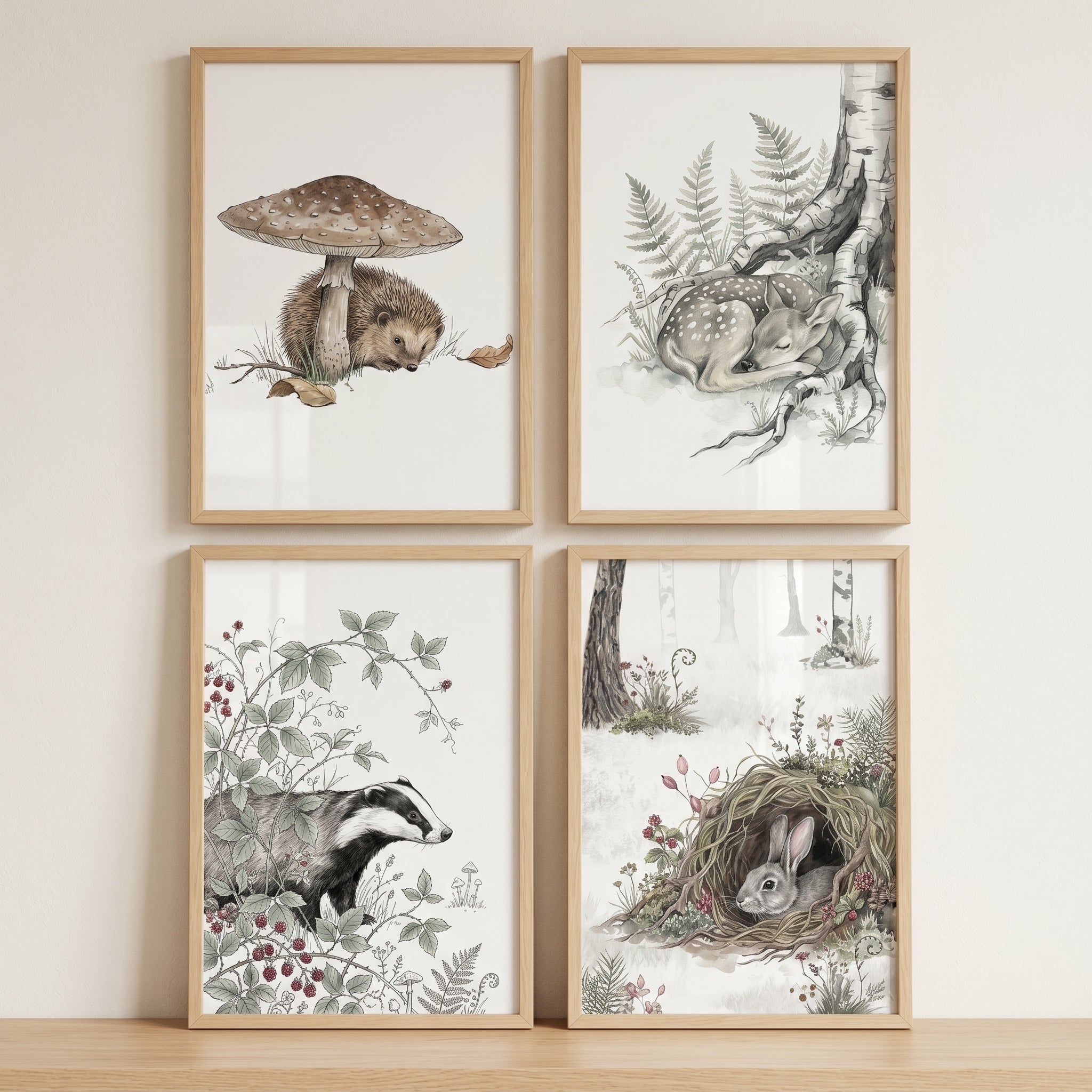 Vintage Neutral Woodland Animals Wall Art Set of 4 - Enchanted Nature Scenes
