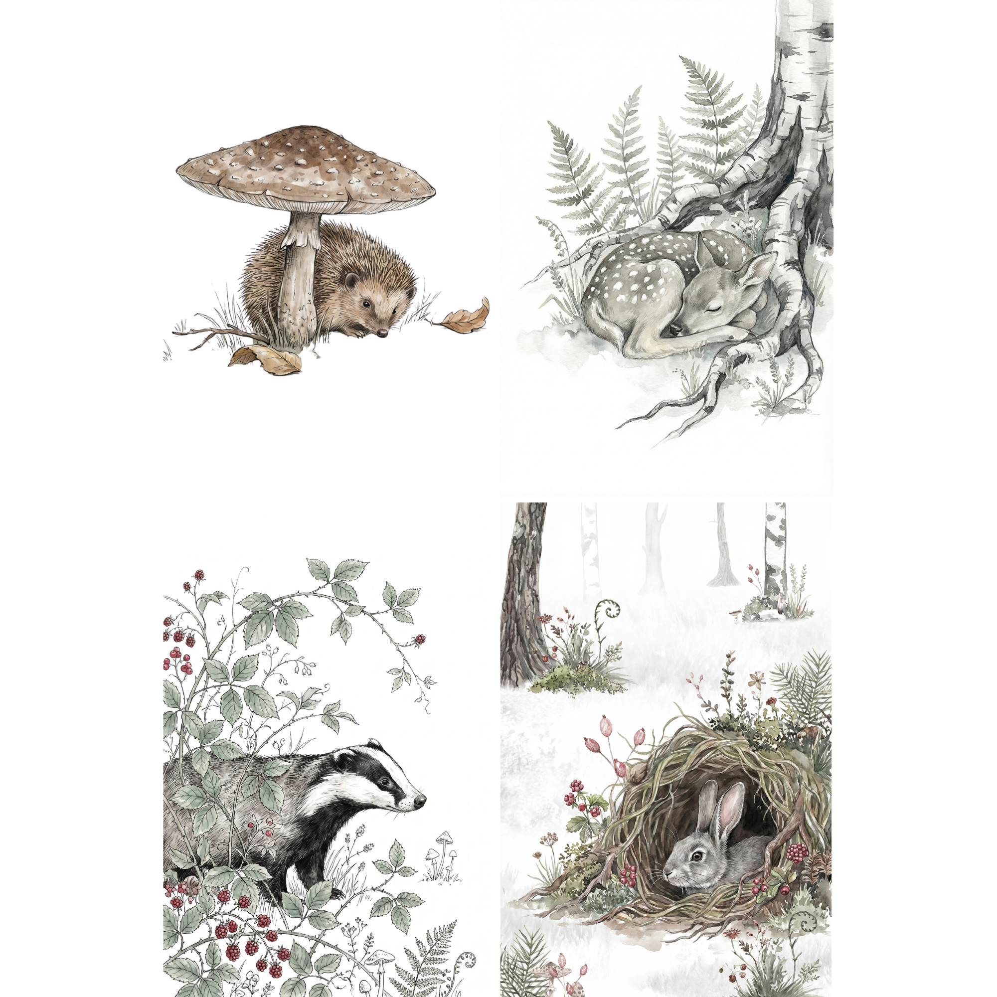 Vintage Neutral Woodland Animals Wall Art Set of 4 - Enchanted Nature Scenes
