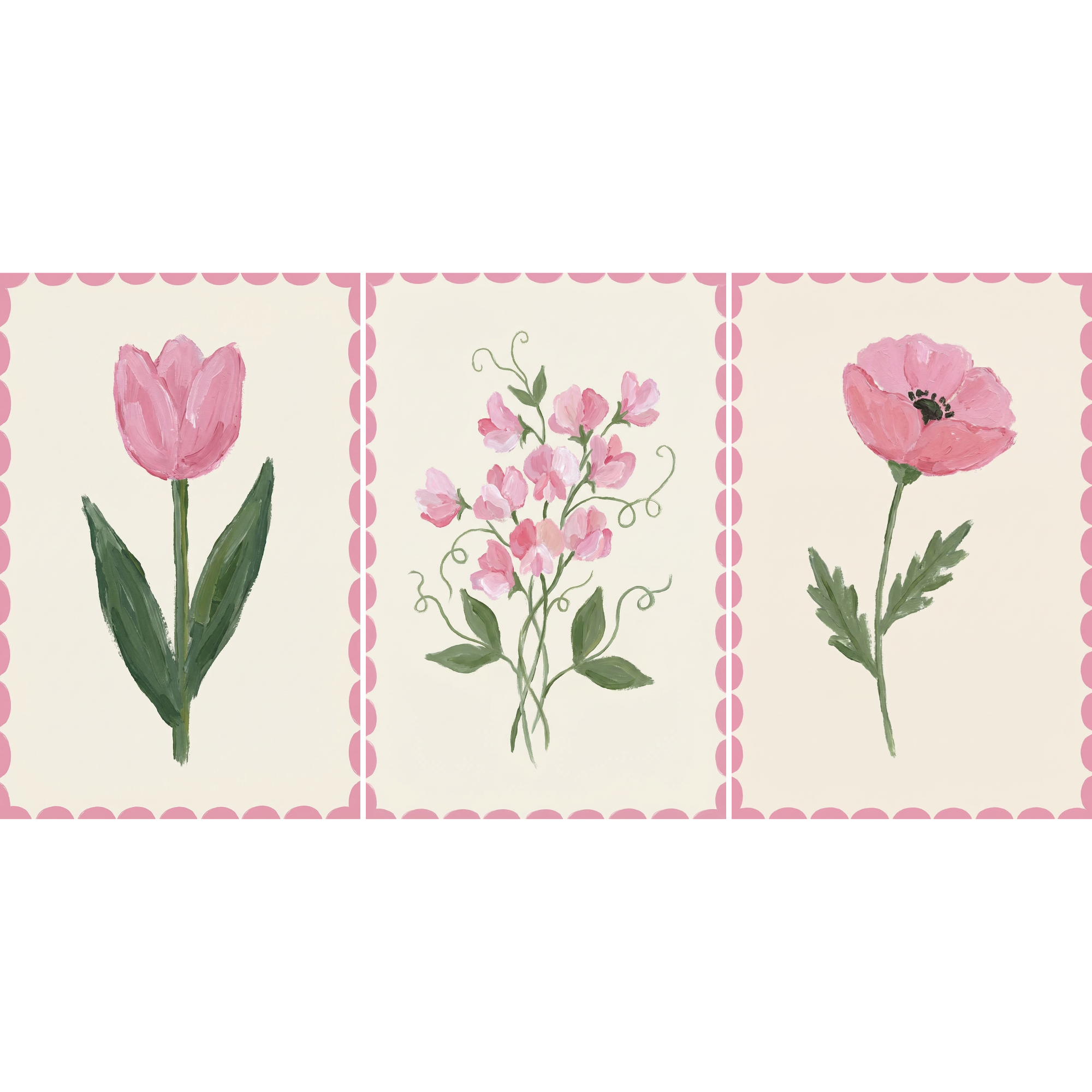 Vintage Painterly Pink Flower Wall Art Set of 3 - Blushing Bloom Trio