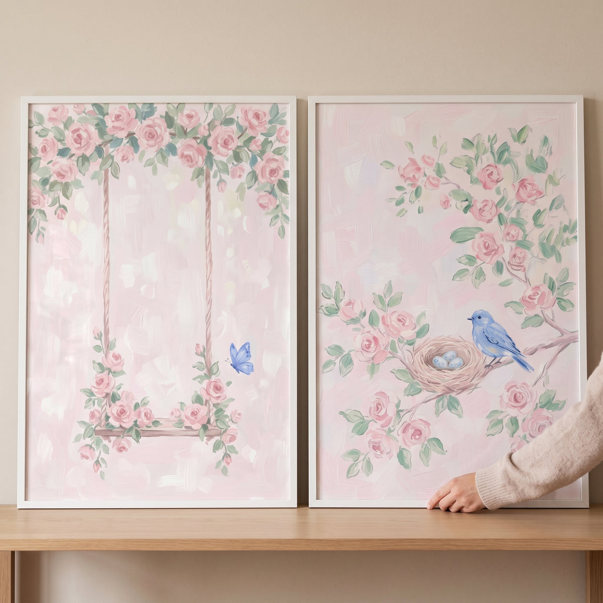 Vintage Painterly Pink Rose Wall Art Set Of 2 - Blossom Swing Dream