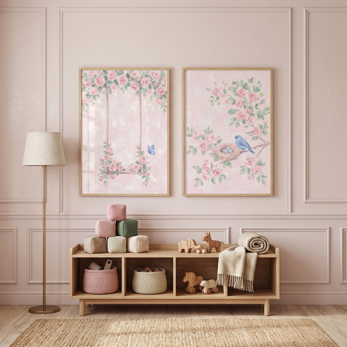 Vintage Painterly Pink Rose Wall Art Set Of 2 - Blossom Swing Dream