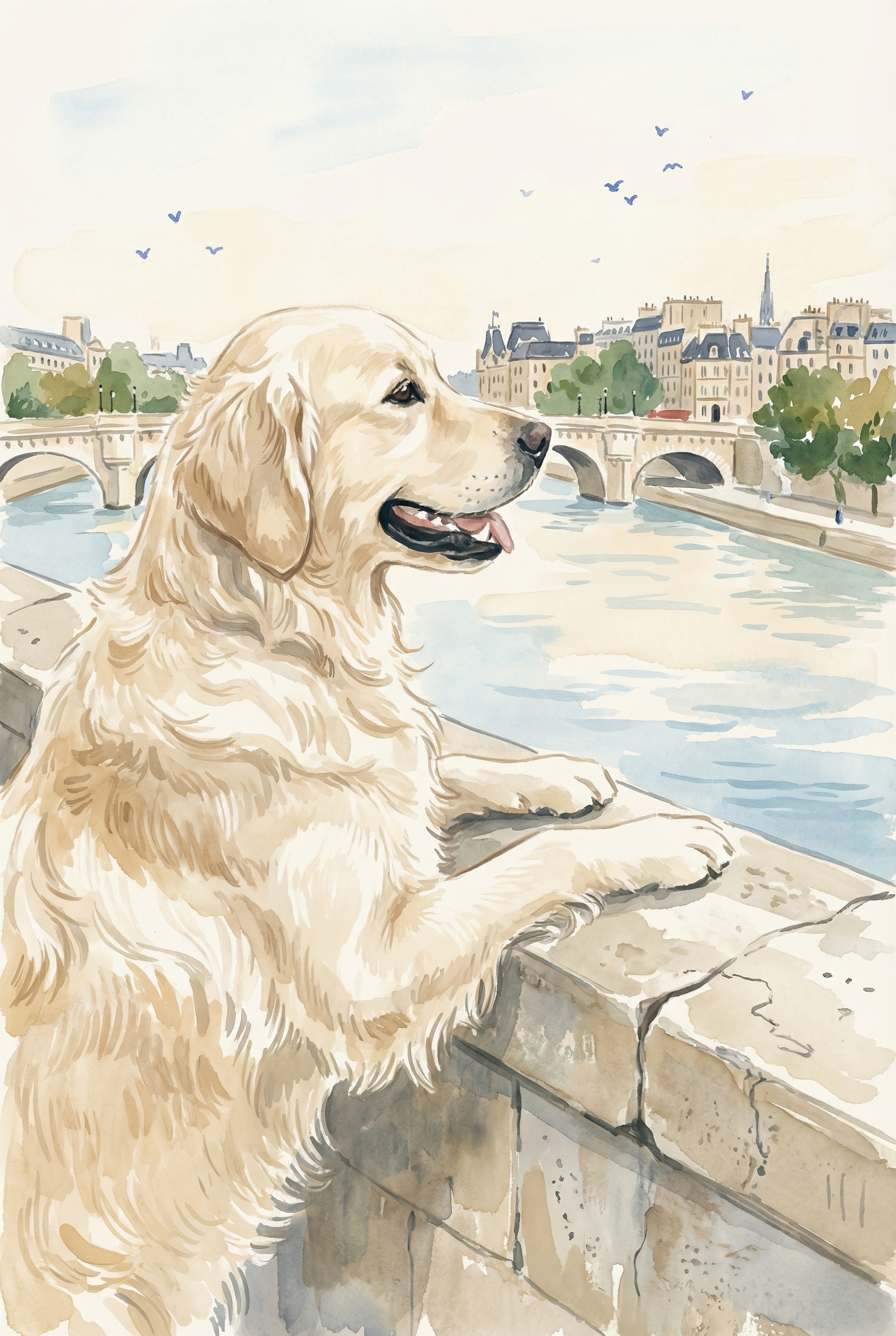 Vintage Parisian Golden Retriever Wall Art - Golden River Gaze