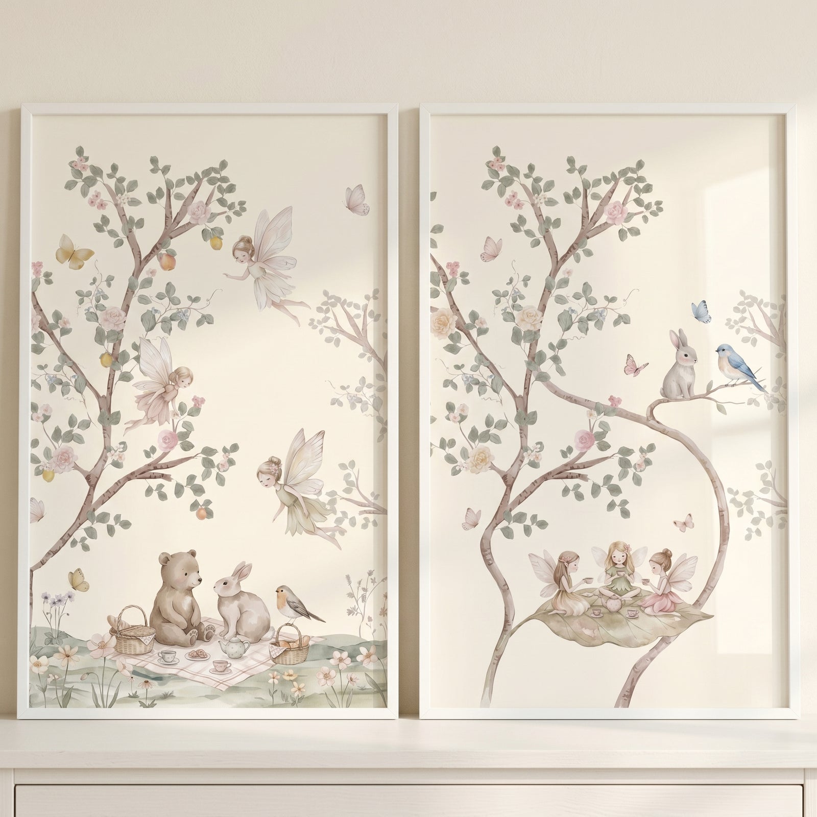 Vintage pastel woodland fairies wall art set of 2 featuring animals and fairies having tea parties in the forest.