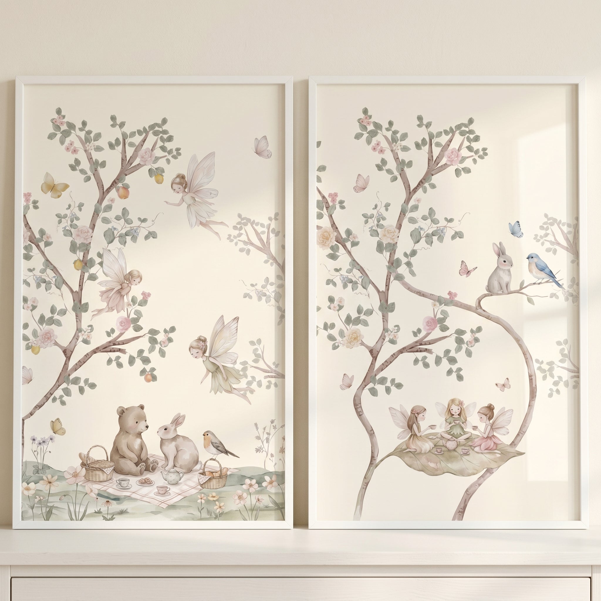 Vintage Pastel Woodland Fairies Wall Art Set of 2 - Enchanted Forest Picnic