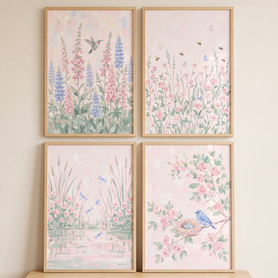 Vintage pastoral garden wall art set of 4 featuring soft floral scenes, birds, and insects in light wood frames.
