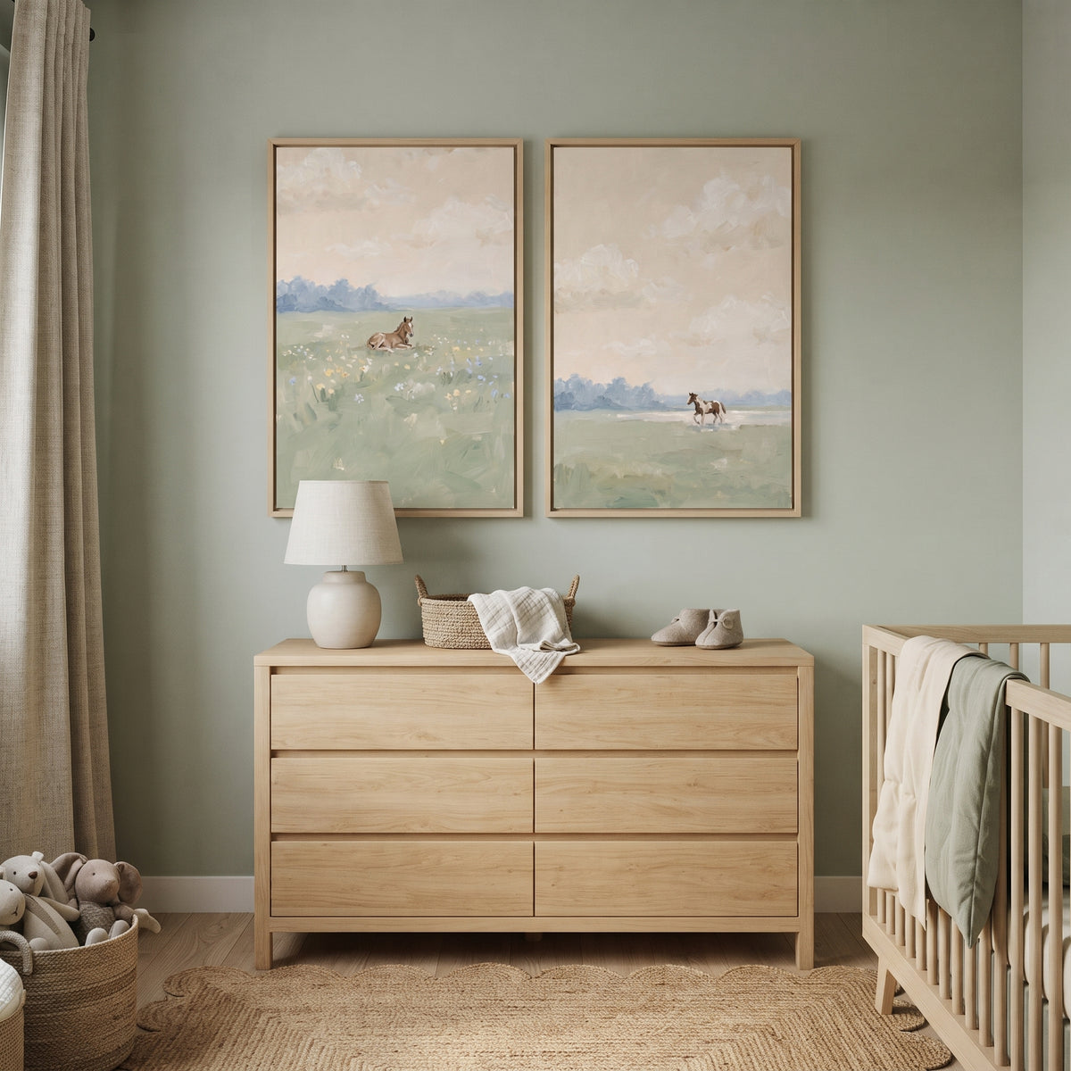 Vintage Pastoral Meadow Horse Wall Art Set of 2 - Pastel Field Foals