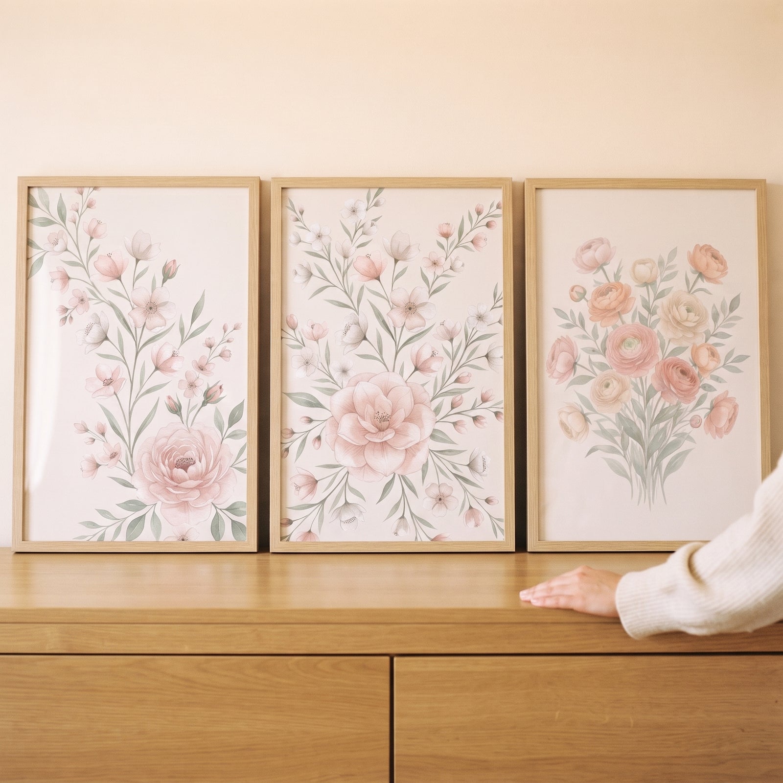 Vintage peach garden floral wall art set of 3 rests in wood frames on a dresser next to a person's hand.