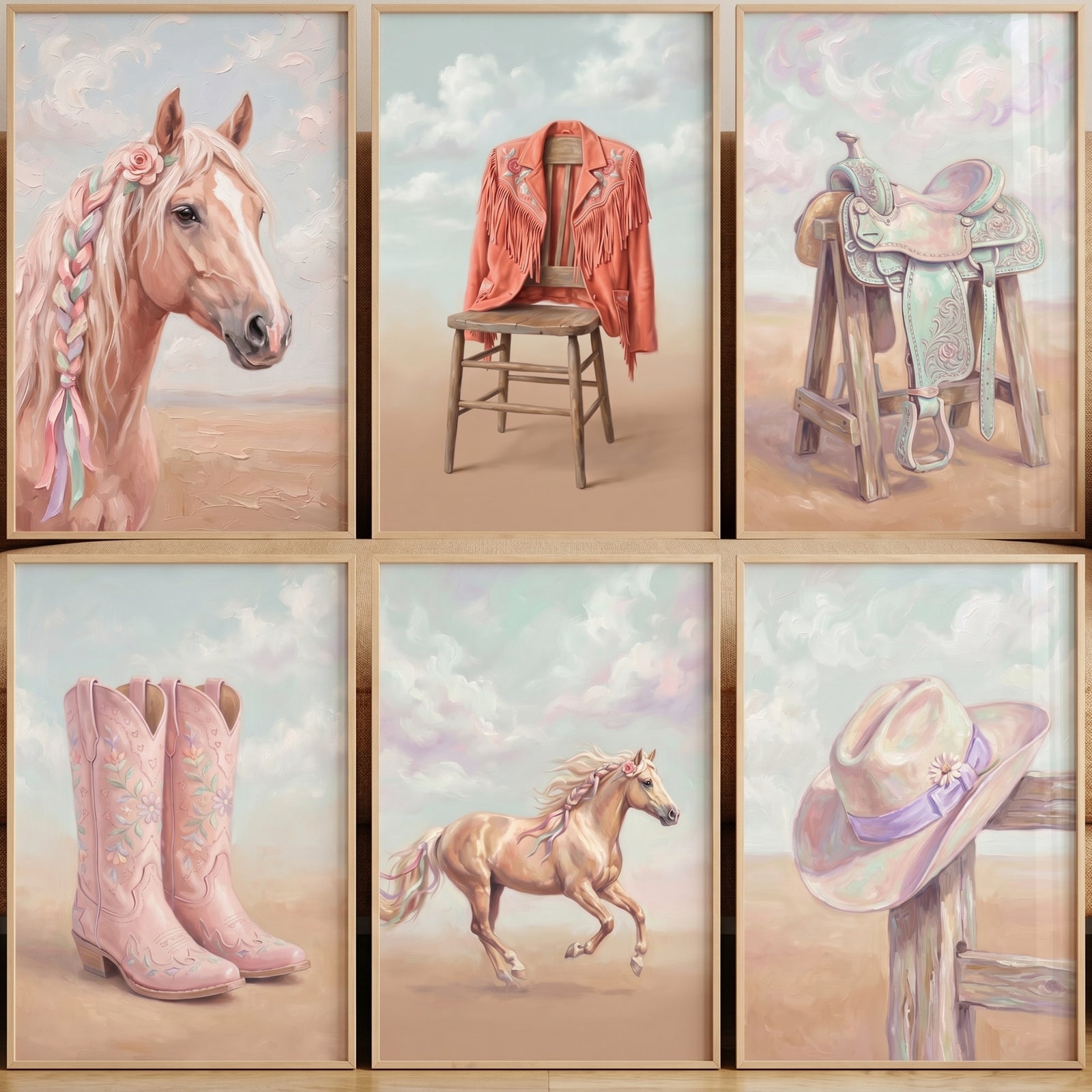 Vintage peach pink cowgirl print set of 6 with horses, boots, a hat, and western gear in soft pastel desert tones.