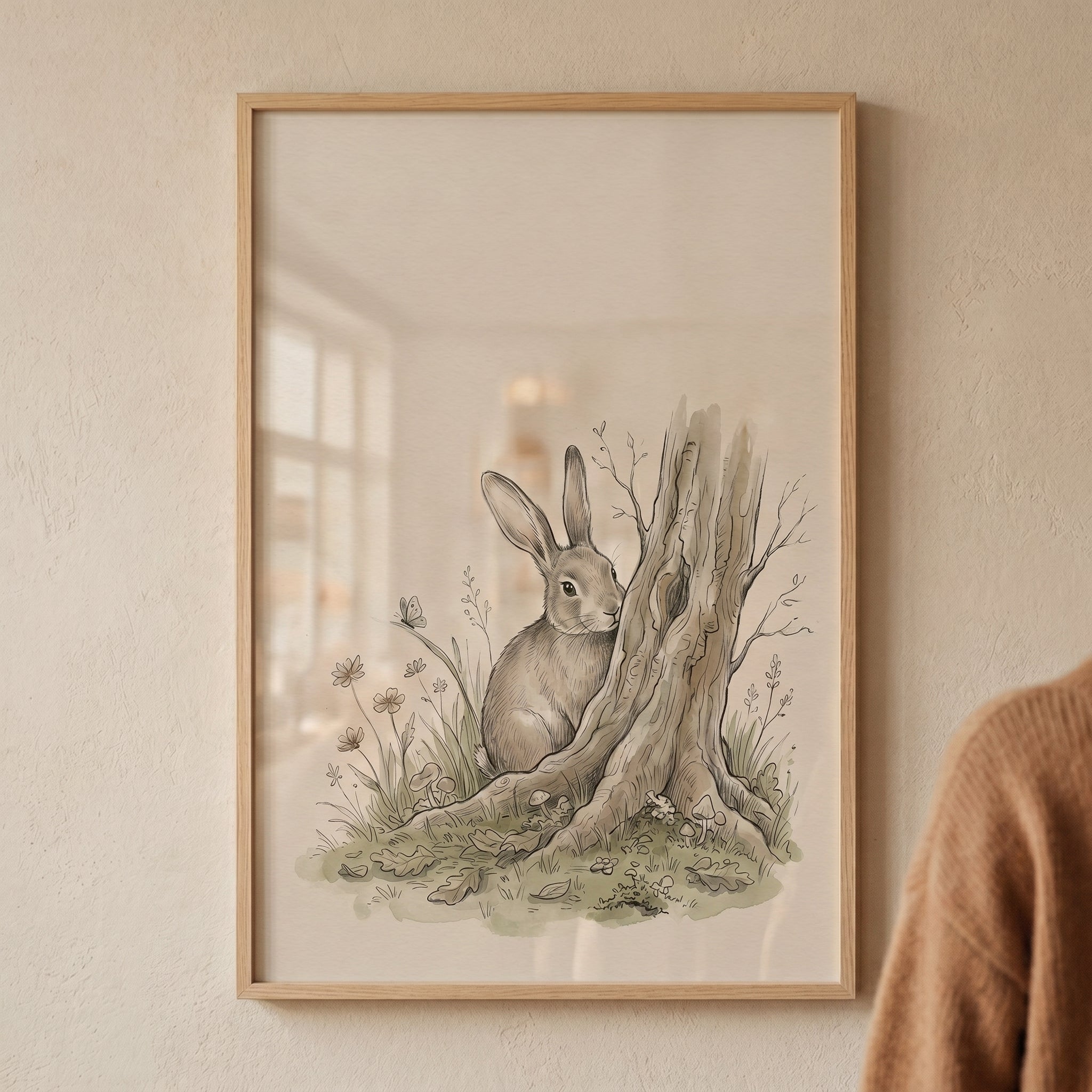 Vintage Peeking Tree Rabbit Wall Art - Shy Woodland Rabbit