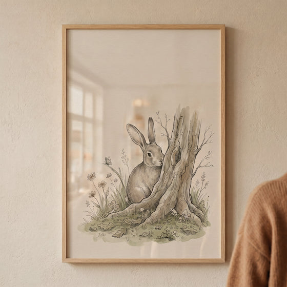 Vintage peeking tree rabbit wall art shows a rabbit behind a tree with grass and flowers in a light wood frame.