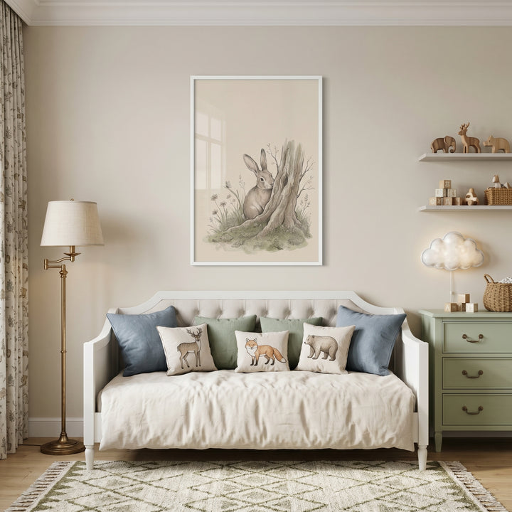 Vintage peeking tree rabbit wall art hangs above a white daybed with animal pillows in a cozy, neutral room.