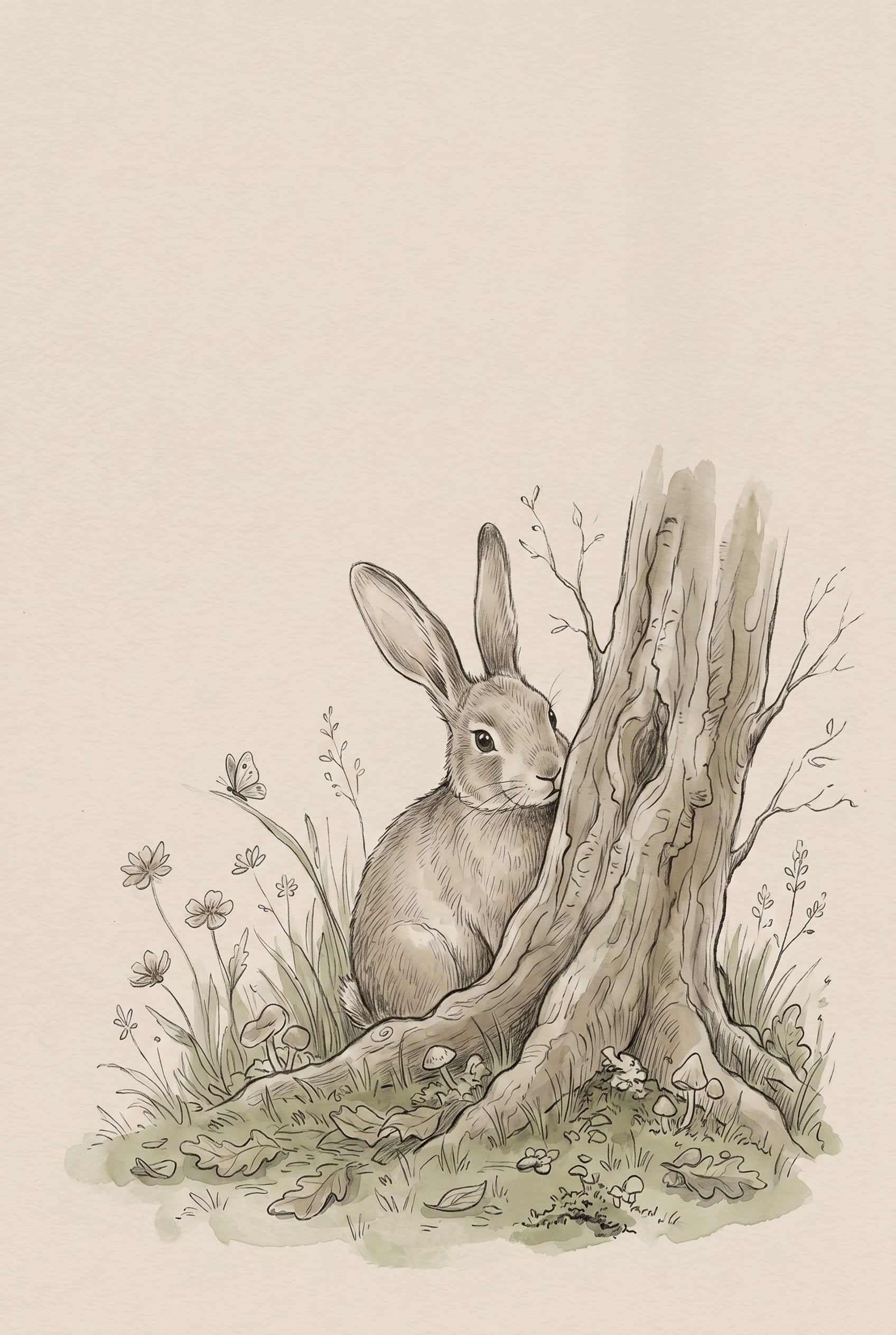 Vintage Peeking Tree Rabbit Wall Art - Shy Woodland Rabbit