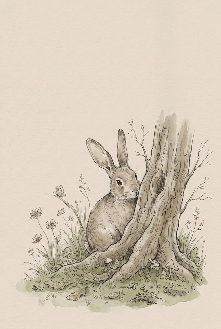 A rabbit peeking from behind a tree trunk with wildflowers, vintage peeking tree rabbit wall art.