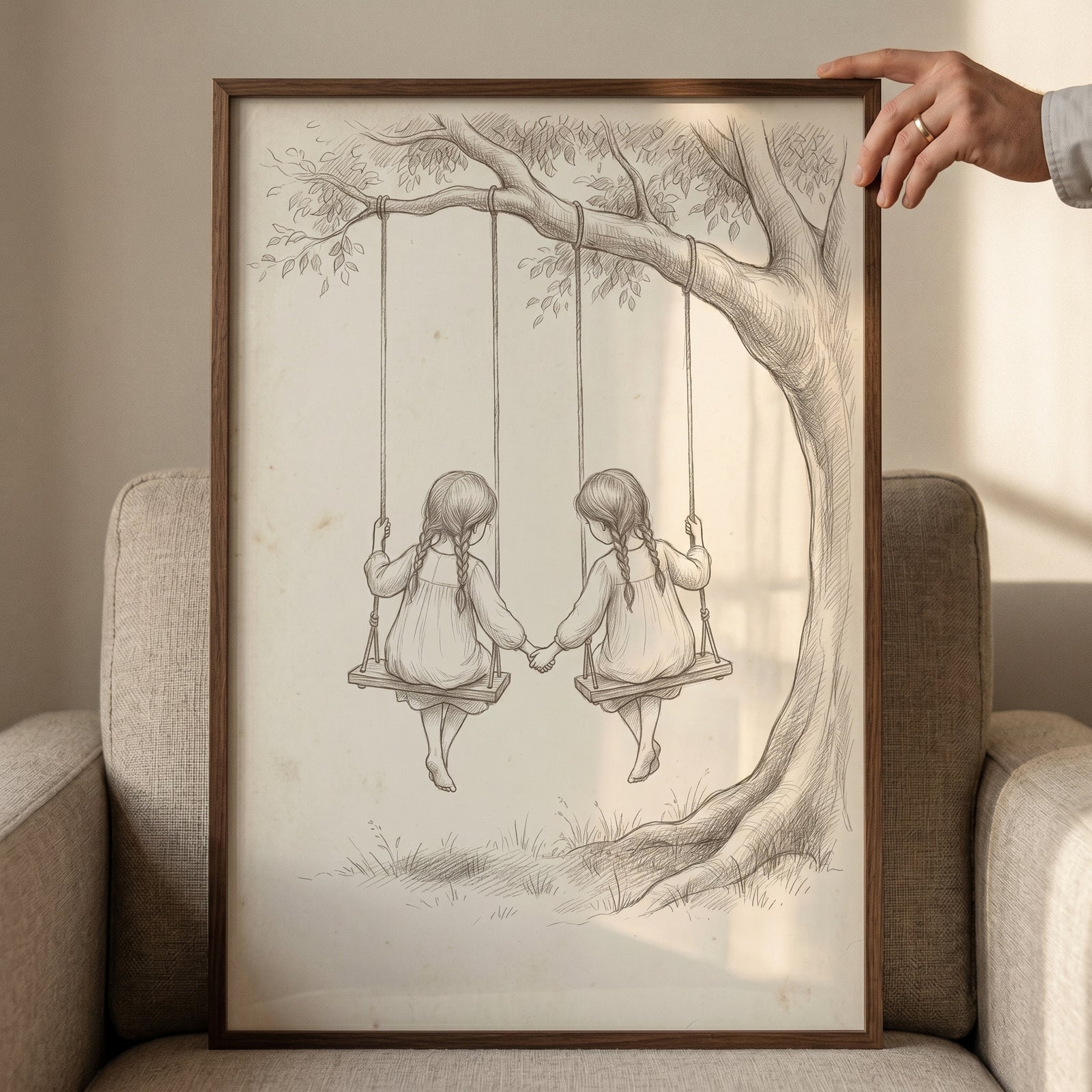 Vintage pencil sketch sisters wall art of two girls holding hands while sitting on swings under a large tree branch.