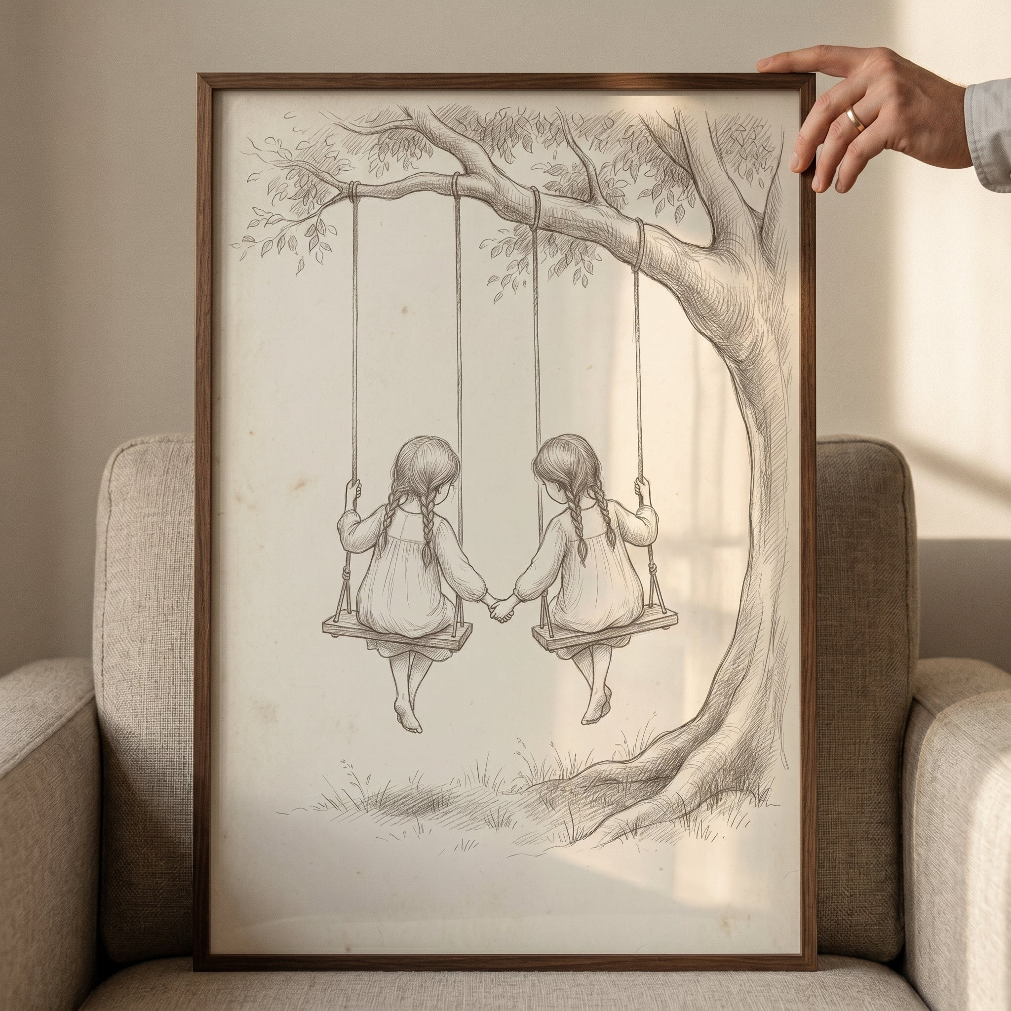 Vintage Pencil Sketch Sisters Wall Art - Sisters On Swings