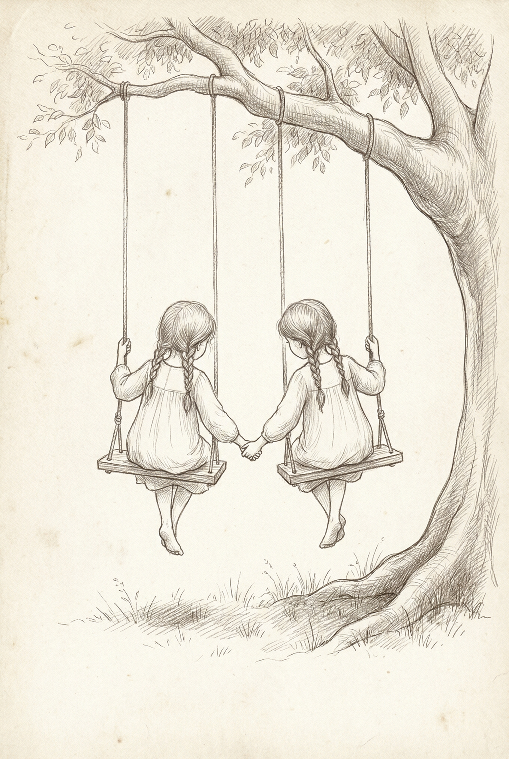 Vintage Pencil Sketch Sisters Wall Art - Sisters On Swings