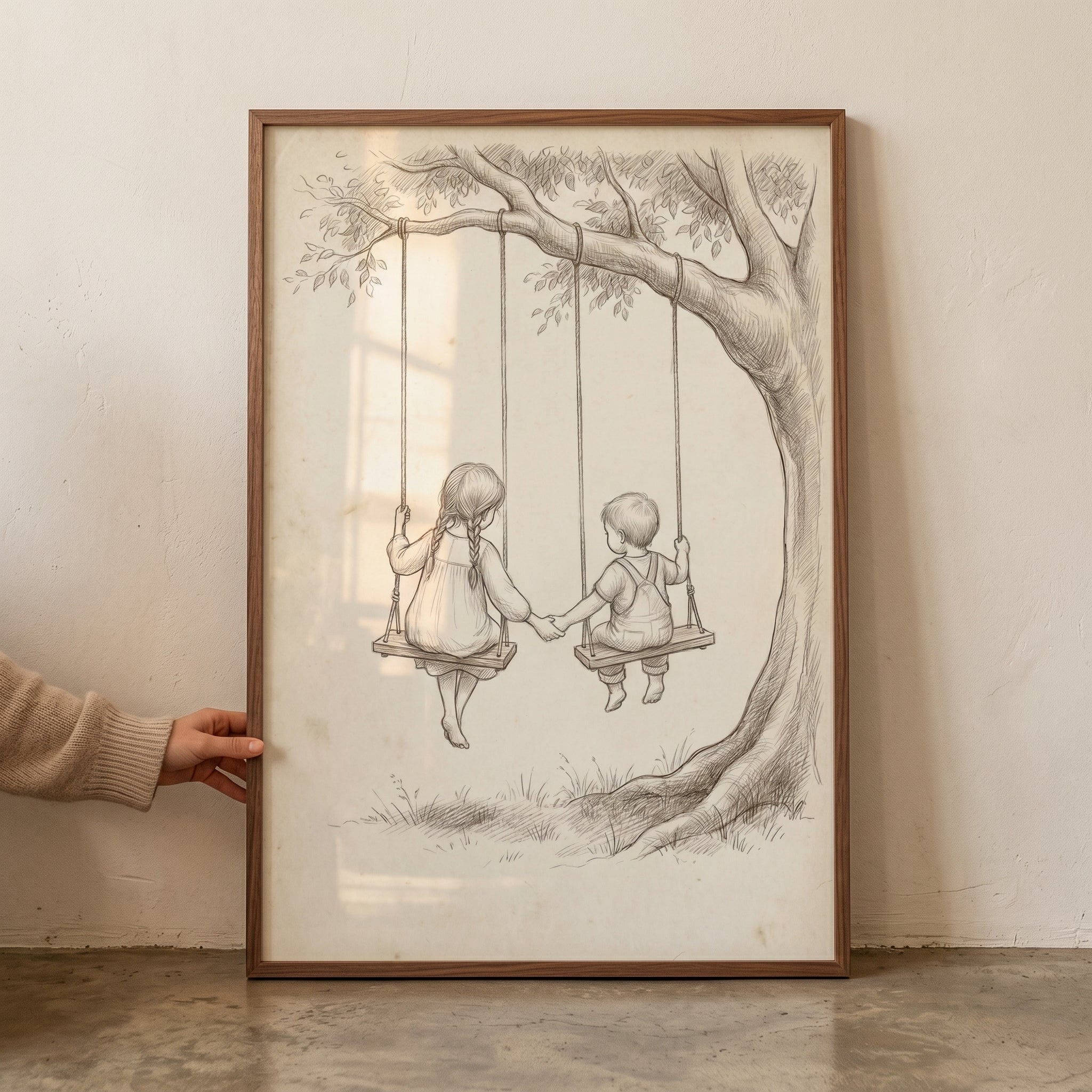 Vintage Pencil Swinging Children Wall Art - Childhood Bond