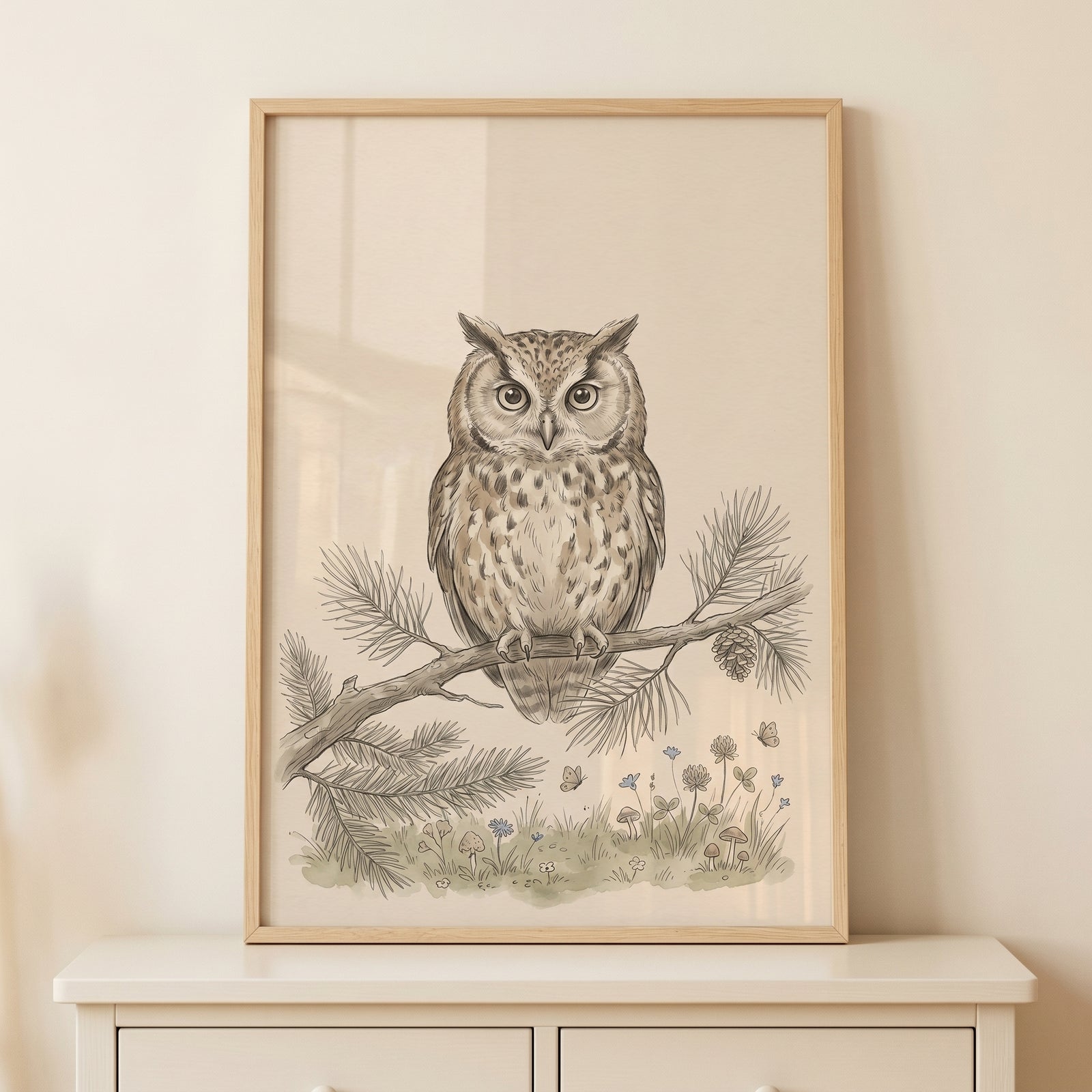 Vintage pine branch owl wall art in a wood frame sits on a white dresser featuring an owl sketch and small wildflowers.