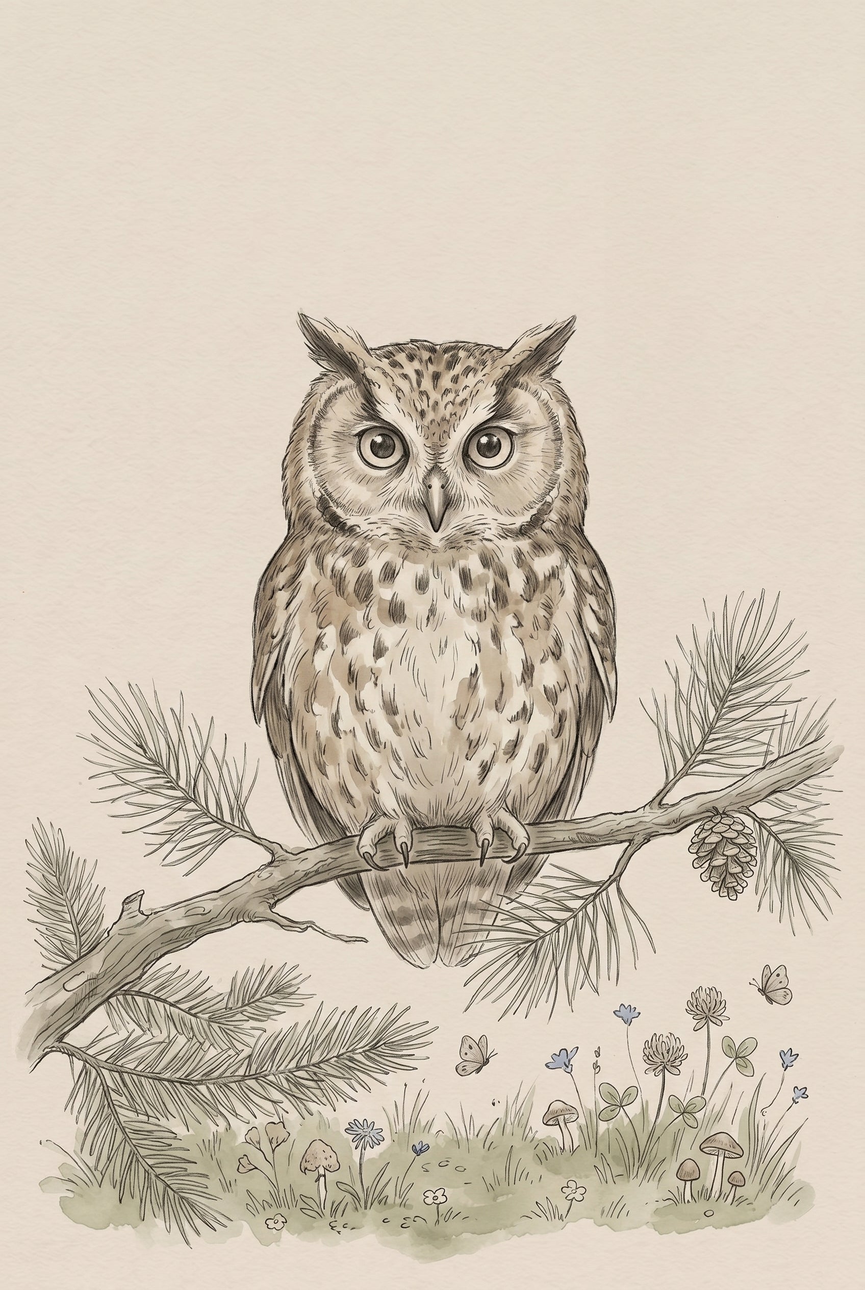 Vintage Pine Branch Owl Wall Art - Wise Woodland Owl