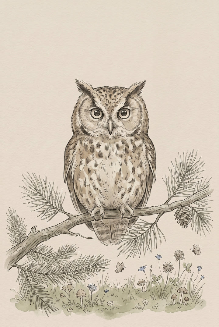 Vintage pine branch owl wall art with an owl perched above wildflowers, mushrooms, and butterflies.