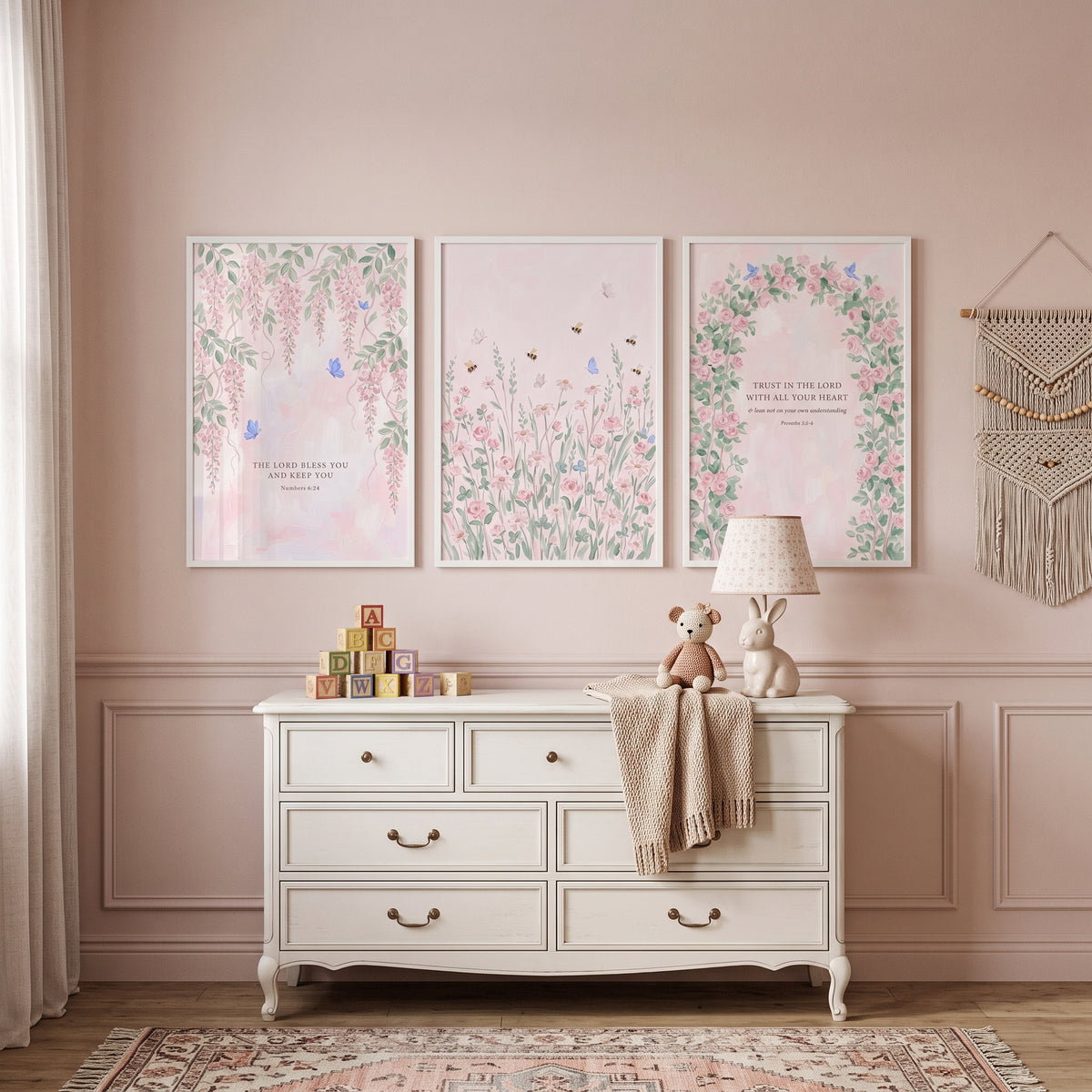 Vintage Pink Botanical Garden Wall Art Set of 3 - Blessed Floral Verses