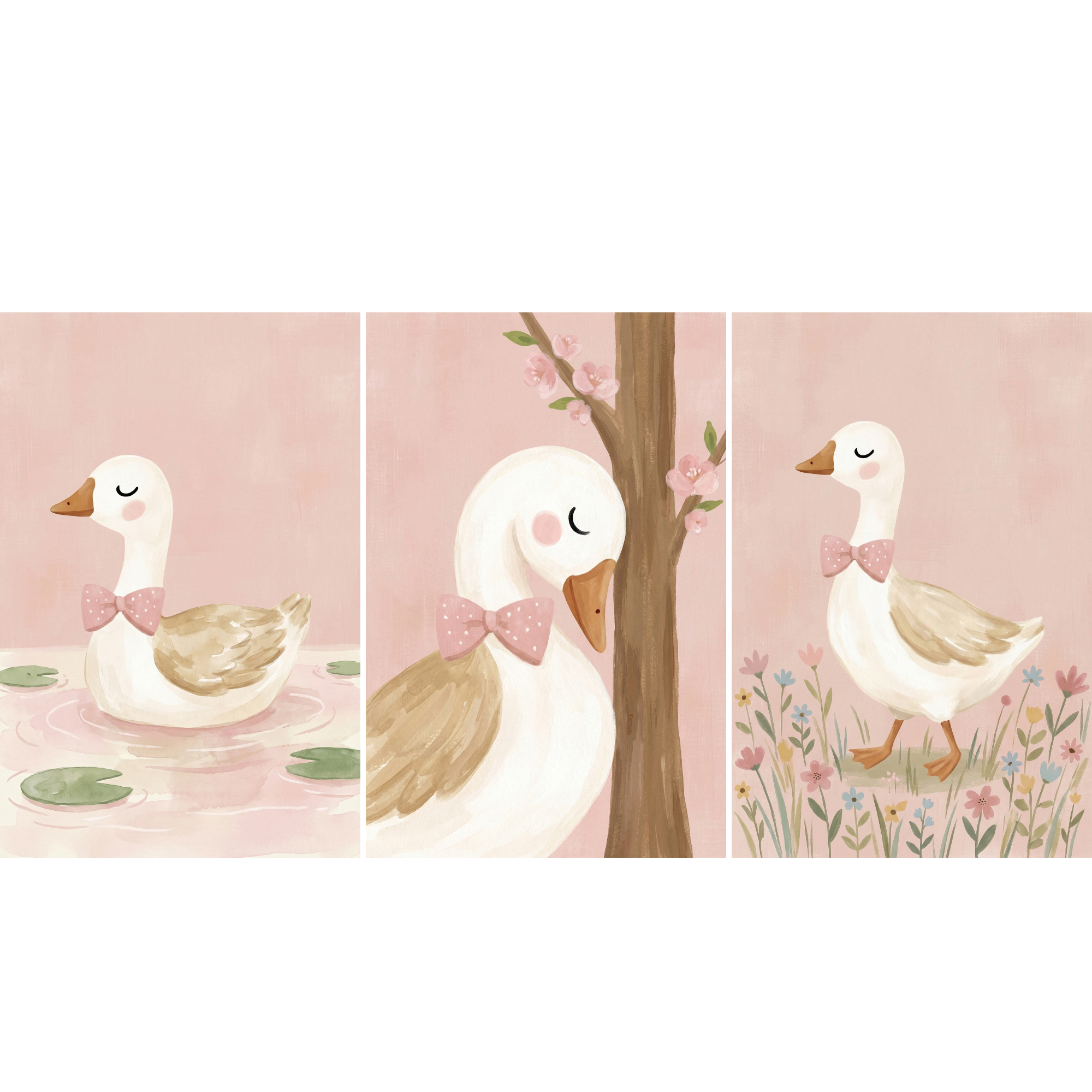 Vintage Pink Bow Goose Wall Art Set of 3 - Blush Meadow Goose