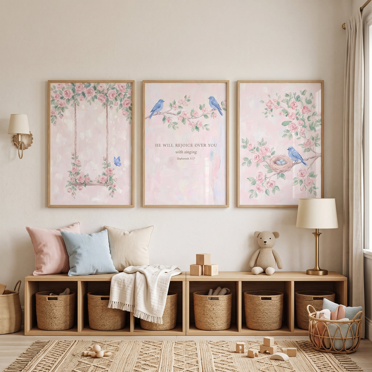 Vintage Pink Watercolor Rose Wall Art Set of 3 - Faithful Garden Bloom
