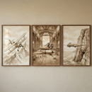 Three framed sepia-toned aviation illustrations are displayed on a neutral wall. The first depicts a biplane flying over craggy mountains. The center one shows a single-propeller aircraft inside a rustic wooden hangar with tools on the floor. The third features a twin-engine plane flying past a tall, rocky cliff above the ocean. Each illustration is in a dark wood frame, creating a vintage-style aeronautical theme.