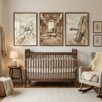 Three sepia toned illustrations of vintage airplanes hang above a wooden baby crib in a cozy nursery. The artwork shows a biplane flying over mountains, a plane inside a wooden hangar, and a plane flying past a rocky seaside cliff beside a rocking chair and bedside lamp.