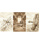 Three sepia-toned illustrations featuring vintage airplanes. In the left scene, a biplane soars through a hazy sky over rugged, snow-capped mountain peaks. The middle panel shows a single-engine propeller plane parked inside a rustic wooden hangar with tools and oil stains scattered on the floor. In the right scene, a large twin-engine aircraft flies past a sheer, rocky cliffside over a vast body of water.
