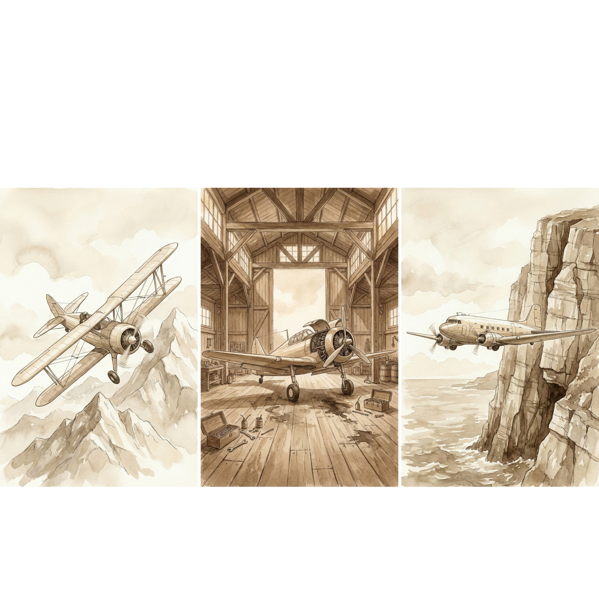 Three sepia-toned illustrations featuring vintage airplanes. In the left scene, a biplane soars through a hazy sky over rugged, snow-capped mountain peaks. The middle panel shows a single-engine propeller plane parked inside a rustic wooden hangar with tools and oil stains scattered on the floor. In the right scene, a large twin-engine aircraft flies past a sheer, rocky cliffside over a vast body of water.