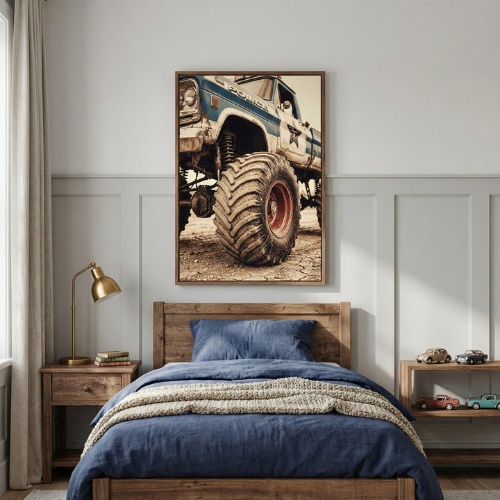 A cozy bedroom features a wooden bed frame with dark blue bedding and a textured beige knit blanket. Centered on the wall above the bed is a large, vertical framed wall art piece depicting a weathered, vintage-style monster truck with massive muddy tires and the word "POLICE" on its side. To the left, a wooden nightstand holds a gold lamp and a stack of books. To the right, a low wooden bookshelf displays several small model toy cars. The room is decorated with light gray walls and white wainscoting, with a