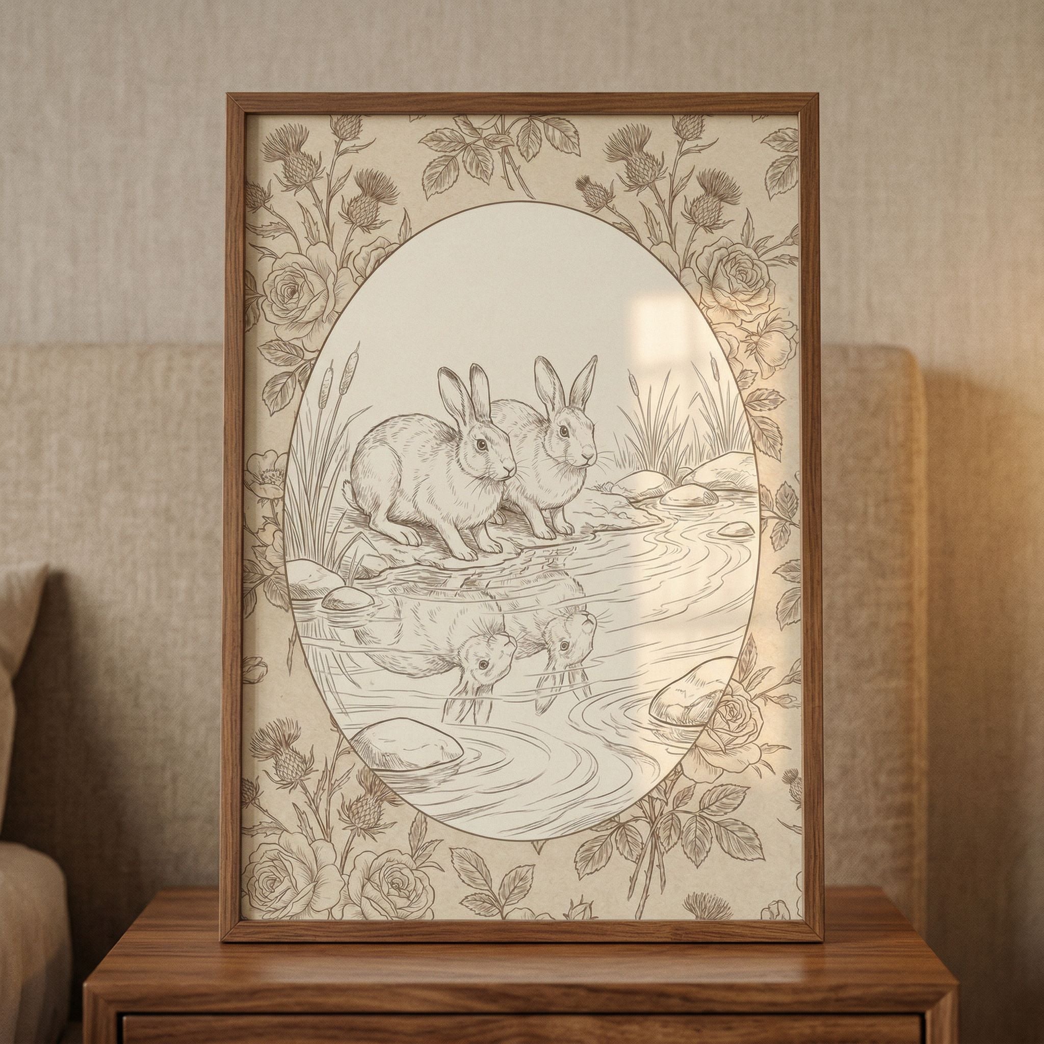Vintage Rabbit Pond Reflection Wall Art Decor Print