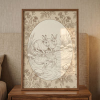 A sepia-toned line drawing of two rabbits by a pond is showcased in a dark wood frame. The central oval scene depicts the animals at the water's edge with their reflections clearly visible in the gentle ripples. The surrounding border is filled with an intricate pattern of roses and thistles. The framed artwork sits on a wooden bedside table against a neutral, textured background, creating a calm and vintage aesthetic. This illustration features a classic and nature-inspired design.