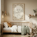 Calm nursery scene with a wooden crib, soft blankets, and warm neutral decor beneath a framed illustration of two rabbits by a stream surrounded by flowers. The detailed artwork adds a peaceful and nature inspired focal point to the cozy space.