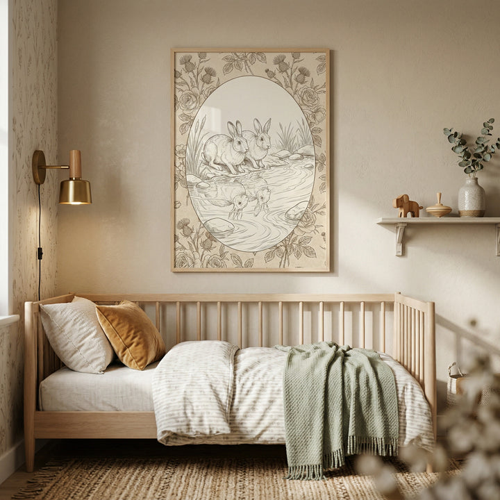 Calm nursery scene with a wooden crib, soft blankets, and warm neutral decor beneath a framed illustration of two rabbits by a stream surrounded by flowers. The detailed artwork adds a peaceful and nature inspired focal point to the cozy space.