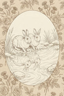 A vintage-style line drawing on aged paper. Inside a large oval frame, two detailed rabbits sit at the edge of a pond, their figures reflected in the rippling water. The scene includes cattails and smooth stones. The border outside the oval is a dense pattern of roses, rosebuds, and thistles with their leaves and thorny stems. The entire piece is rendered in fine, sepia-toned lines, creating a classic storybook or botanical sketch aesthetic.