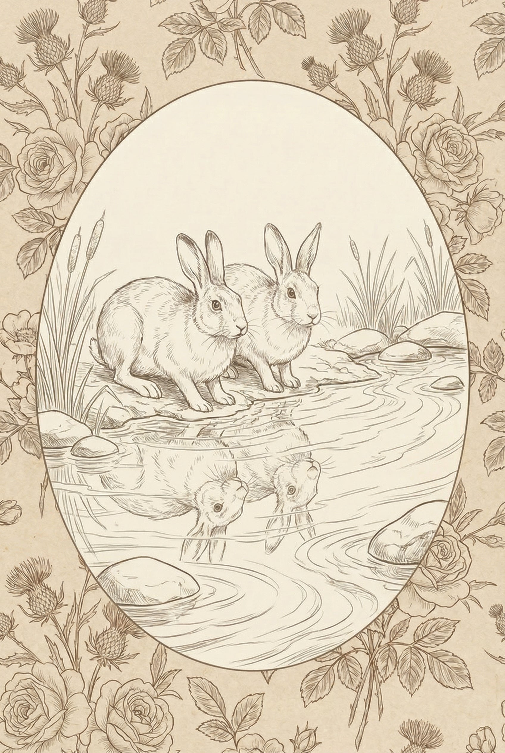 Vintage Pond Reflection Rabbit Wall Art - Reflective Hare Duo