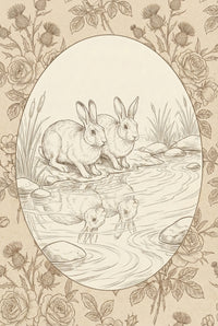 A vintage-style line drawing on aged paper. Inside a large oval frame, two detailed rabbits sit at the edge of a pond, their figures reflected in the rippling water. The scene includes cattails and smooth stones. The border outside the oval is a dense pattern of roses, rosebuds, and thistles with their leaves and thorny stems. The entire piece is rendered in fine, sepia-toned lines, creating a classic storybook or botanical sketch aesthetic.